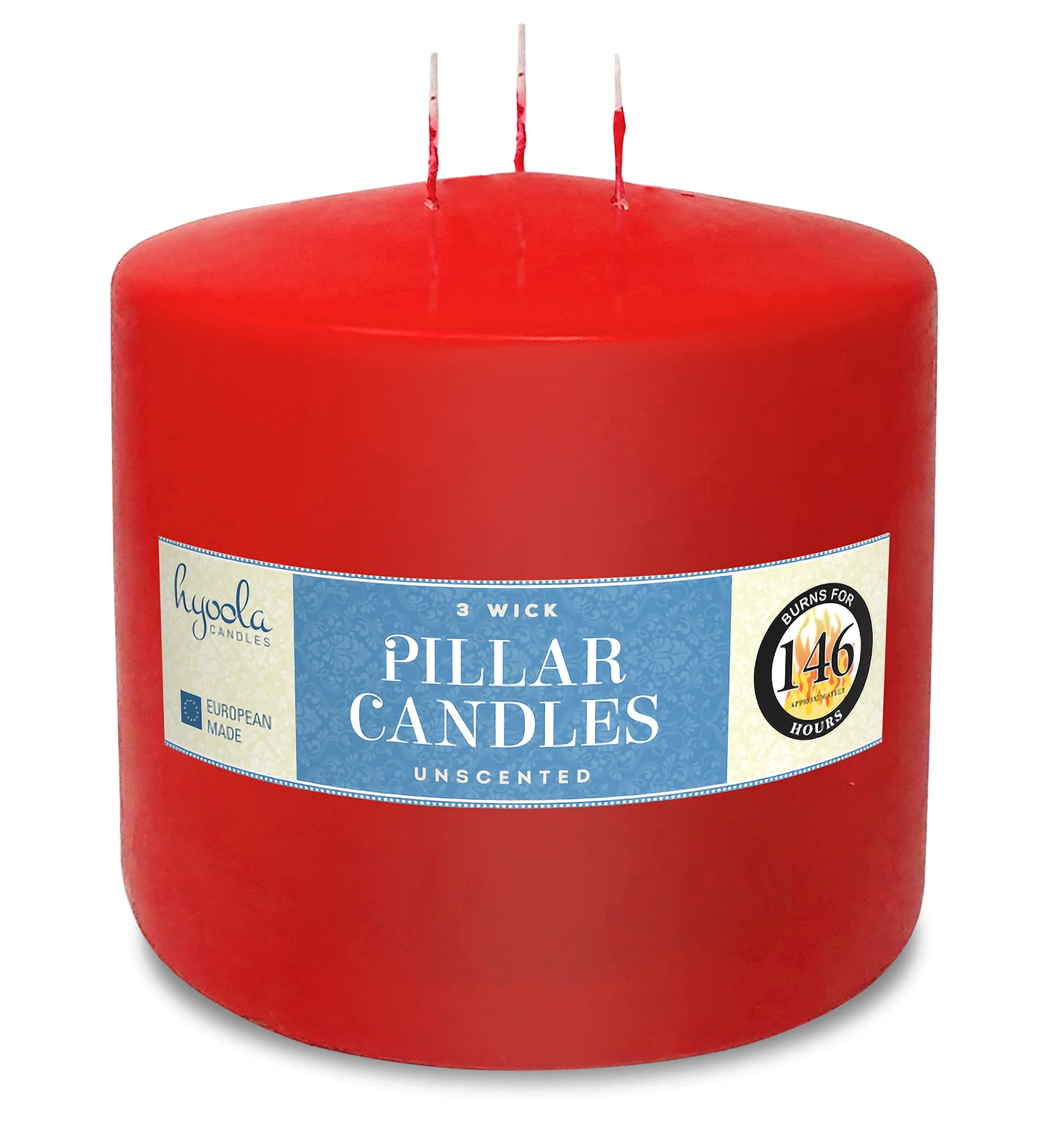 HyoolaRed Three Wick Large Candle - 15cm x 15cm - Unscented Big Pillar Candles - 146 hour - European Made