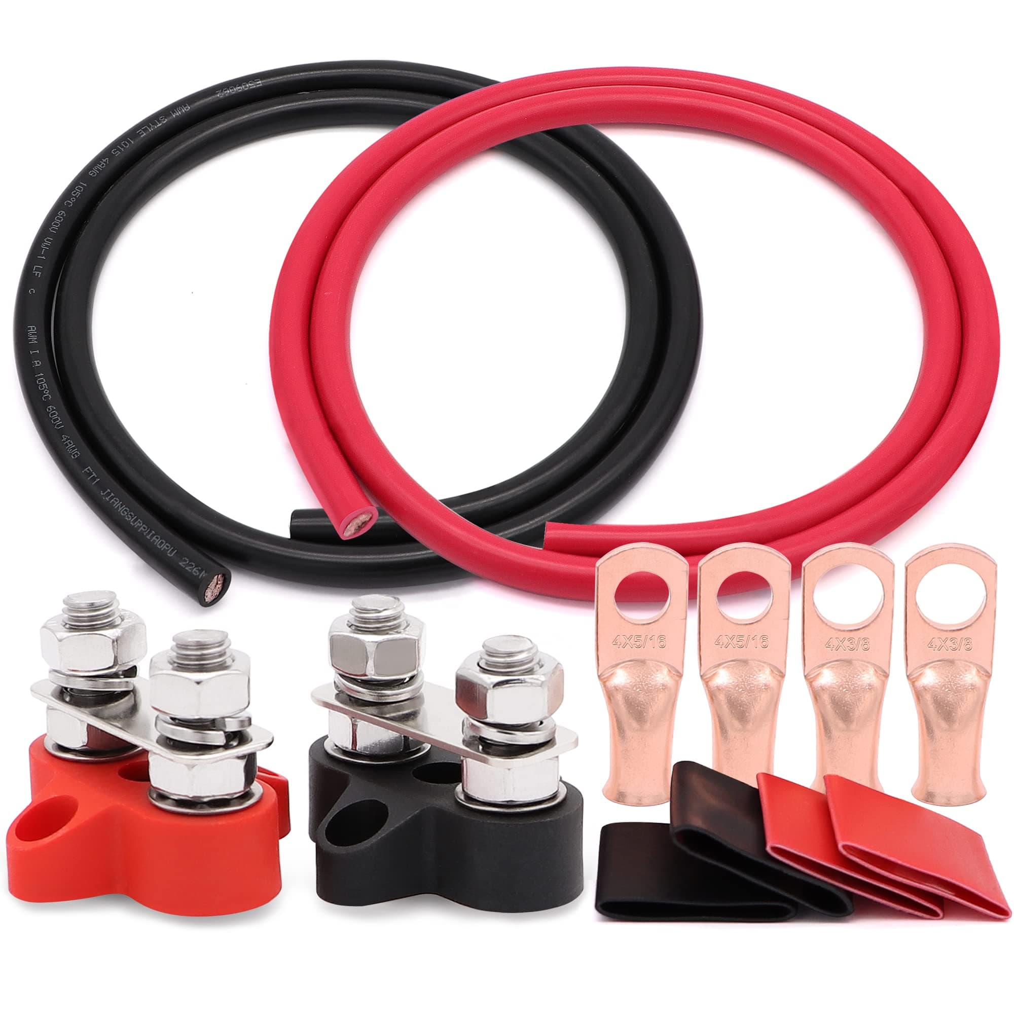 Battery Jump Post Relocation Kit,OFC Oxygen Free Copper UL1015 AWG 4 Gauge Cable,Wire lugs and 5/16inch Junction Block Distribution Terminals