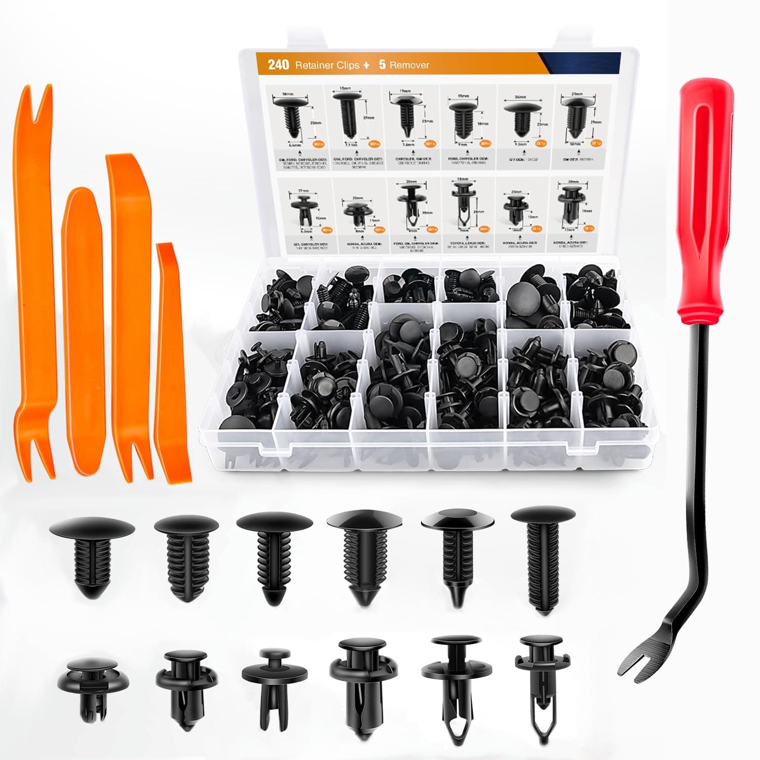 GOOACC 240PCS Bumper Retainer Clips Car Plastic Rivets Fasteners Push Retainer Kit Most Popular Sizes Auto Push Pin Rivets Set -Door Trim Panel Fender Clips for GM Ford Toyota Honda Chrysler