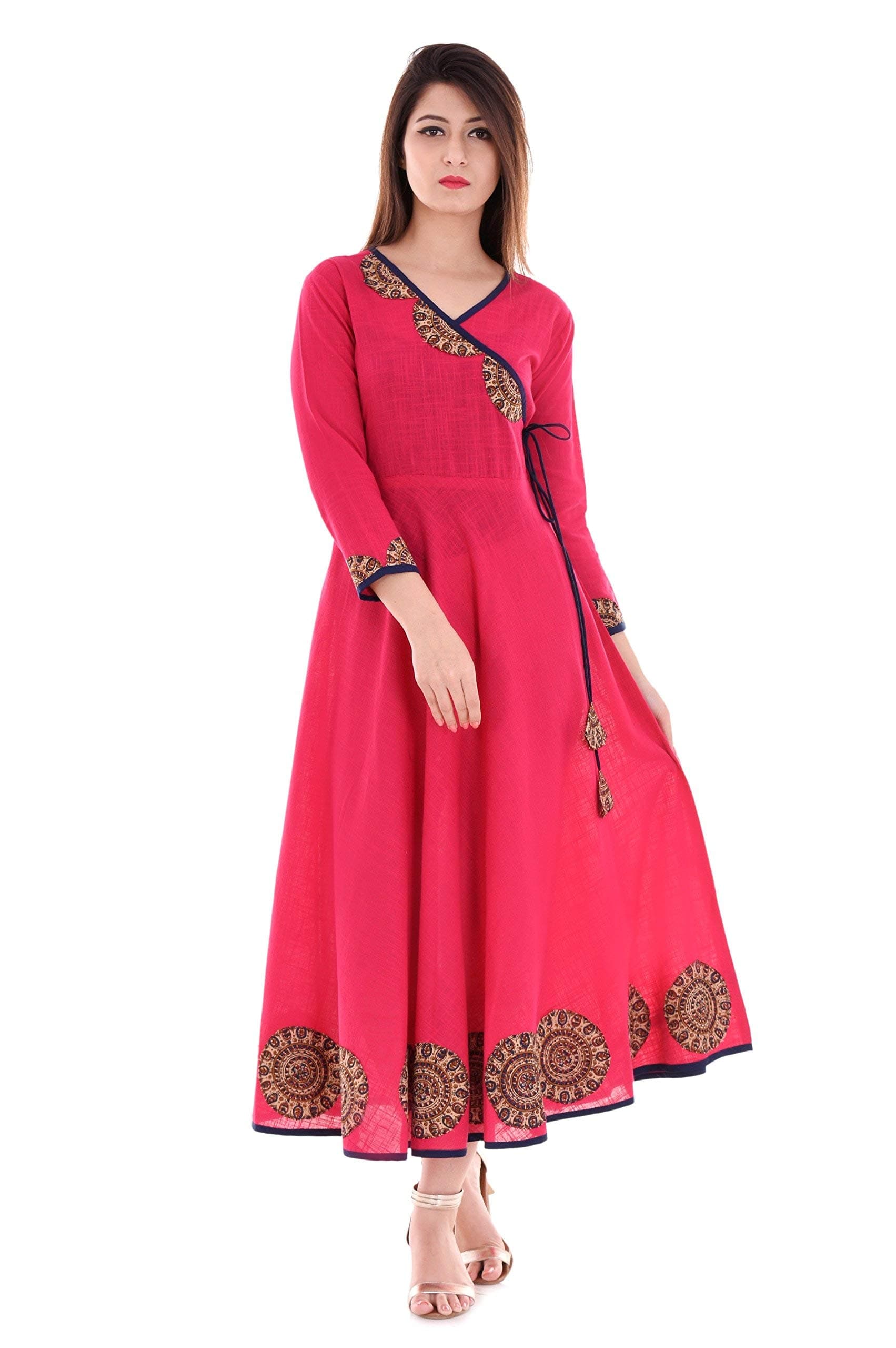 Yash Gallery Women's Cotton Slub Patch Work Angrakha Kurta for Summer
