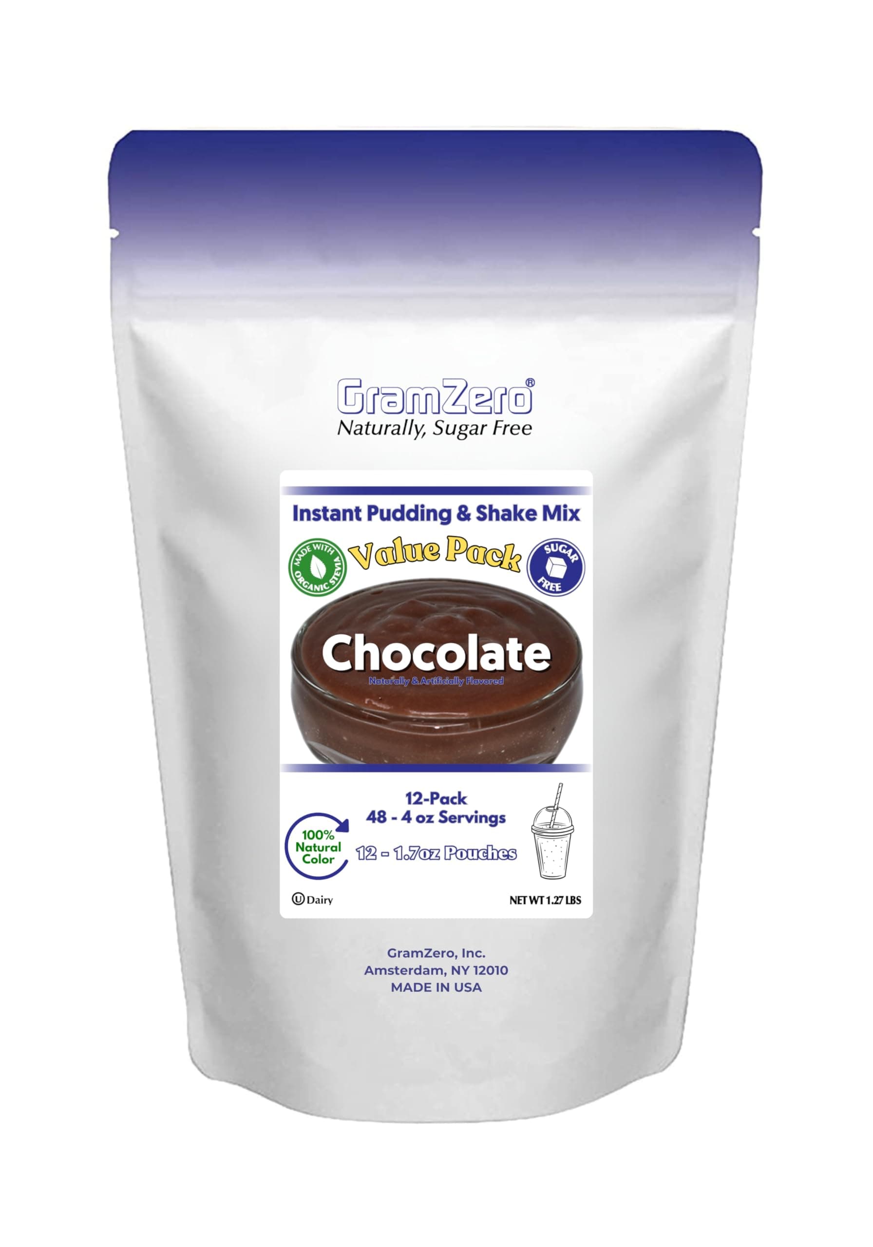 GramZero Natural Color CHOCOLATE Sugar Free Pudding Mix 12-Pack, Great For Nutrition Club Meal Replacement Shakes, Low Calorie Dessert, Stevia Sweetened