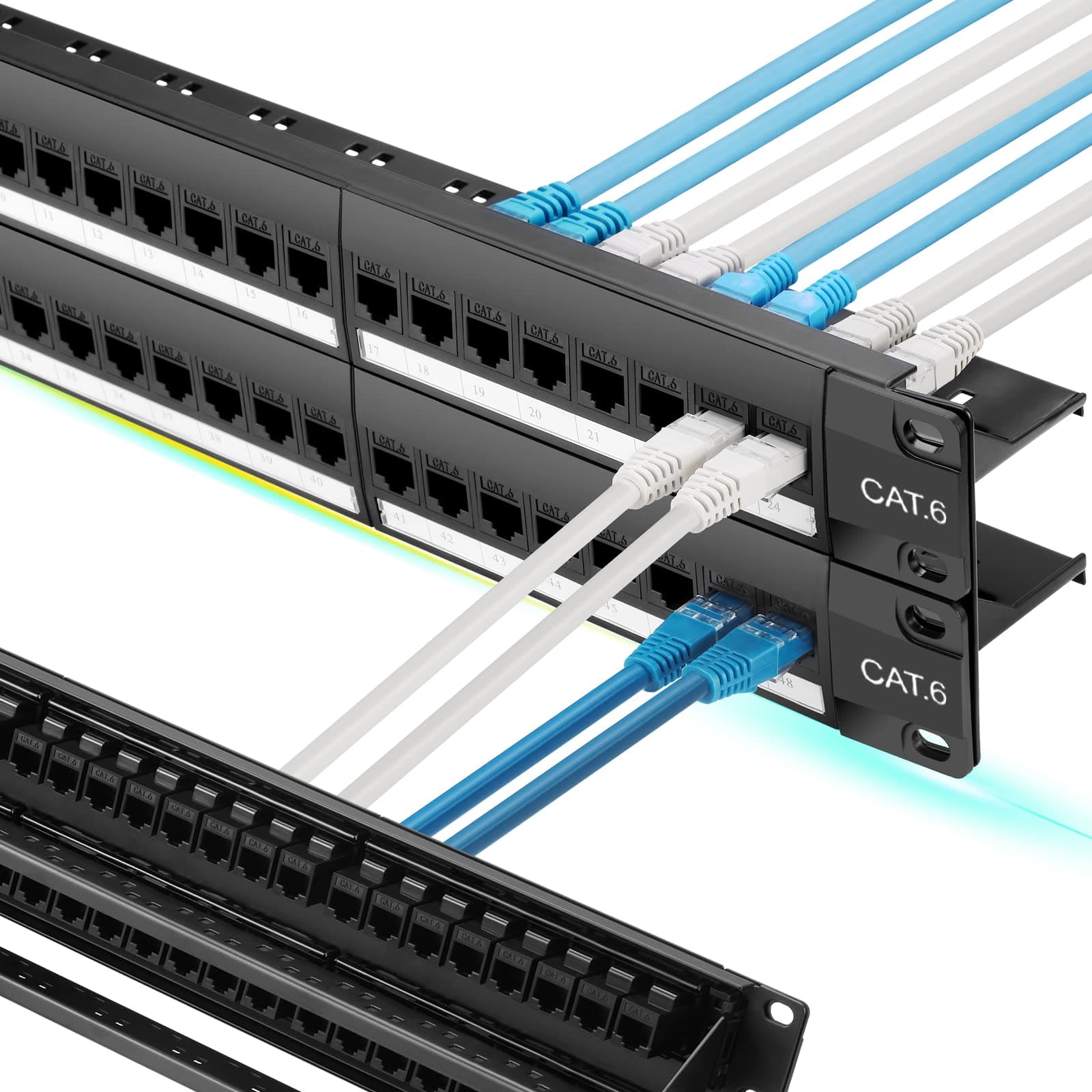 48 Port Cat6 Patch Panel with Inline Keystone 10G Support, Pass-Thru Coupler UTP 19-Inch, Removable Back Bar, 1U Network for Cat6, Cat5e, Cat5 Cabling