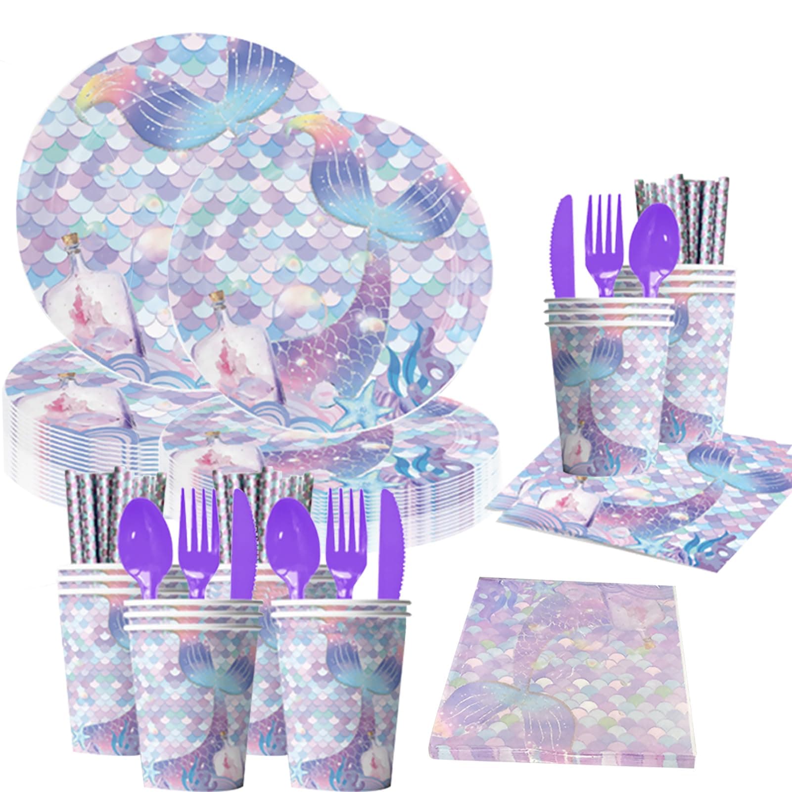 Beauenty 90pcs Purple Mermaid Party Tableware Set, Disposable Dinnerware Set for 10 Guests, Large Plates, Dinner Plates, Cups, Straws, Knifes, Forks, Spoons and 20pcs Tissues