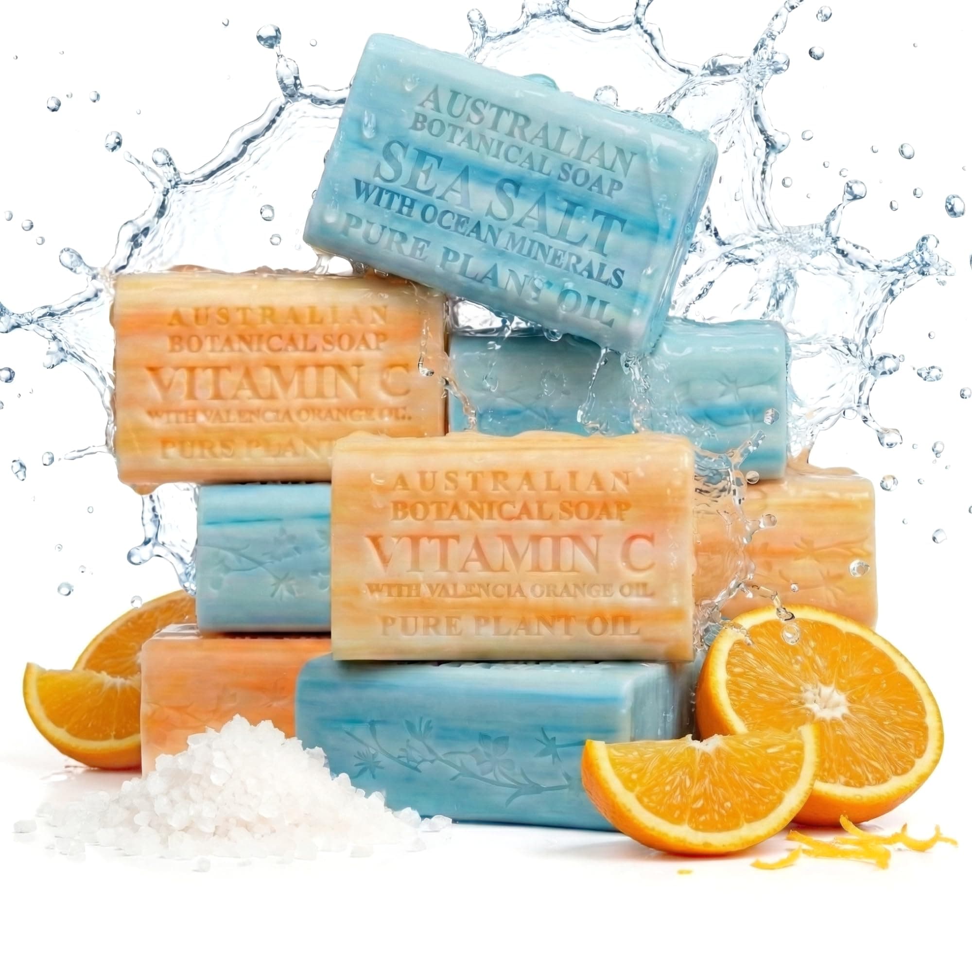 Variety Pack Includes 4 Valencia Orange and 4 Sea Salt Soap for Face, Hands and Body, Enriched with Shea Butter, Ocean Minerals and Vitamin C