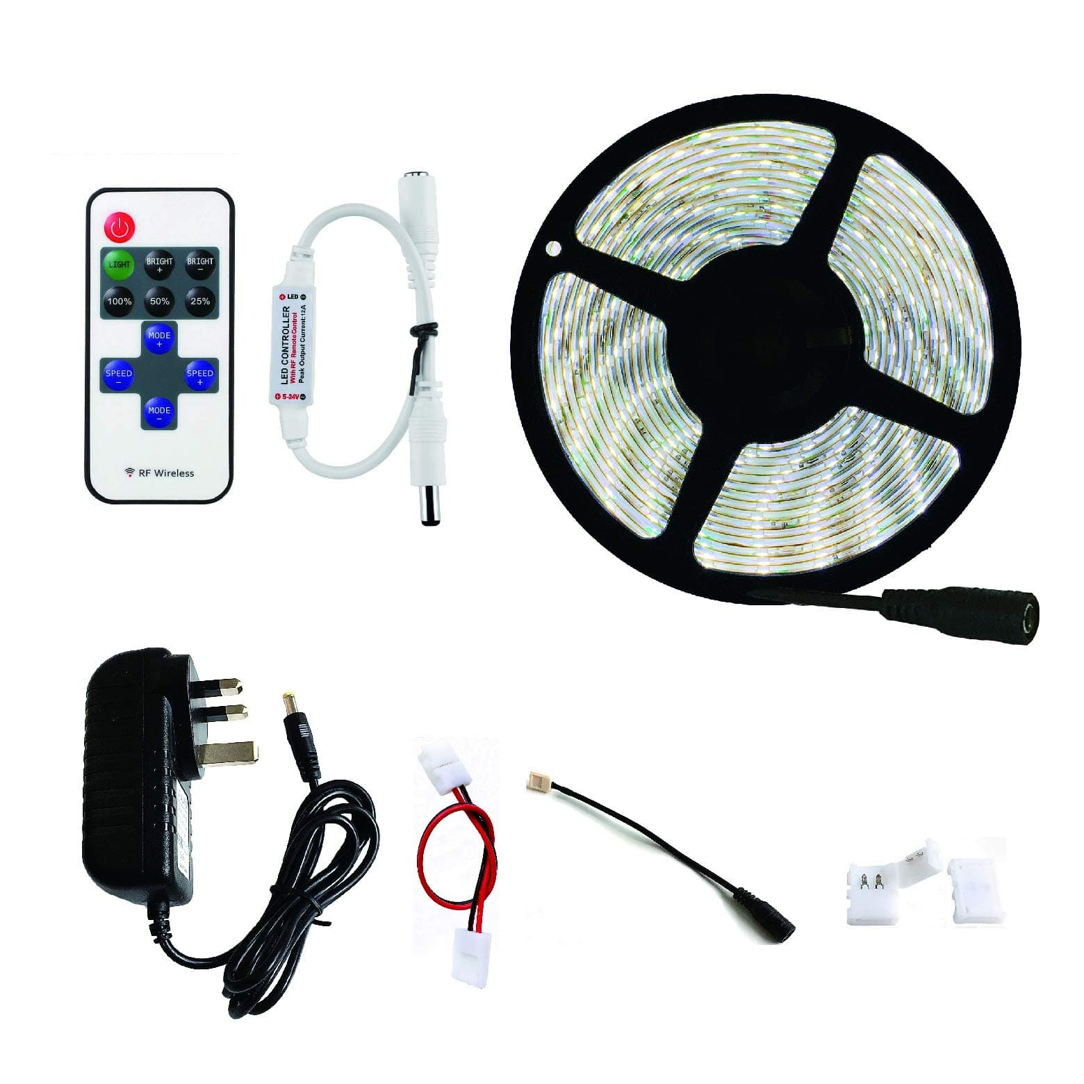 RoLightic 5M 16.4Ft 3528 Flexible Led Strip Rope Lights Cool White 6000K 300LEDs,Dimmable,IP65 Waterproof Led Tape Light with 12V Power Supply and RF Wireless Remote Dimmer