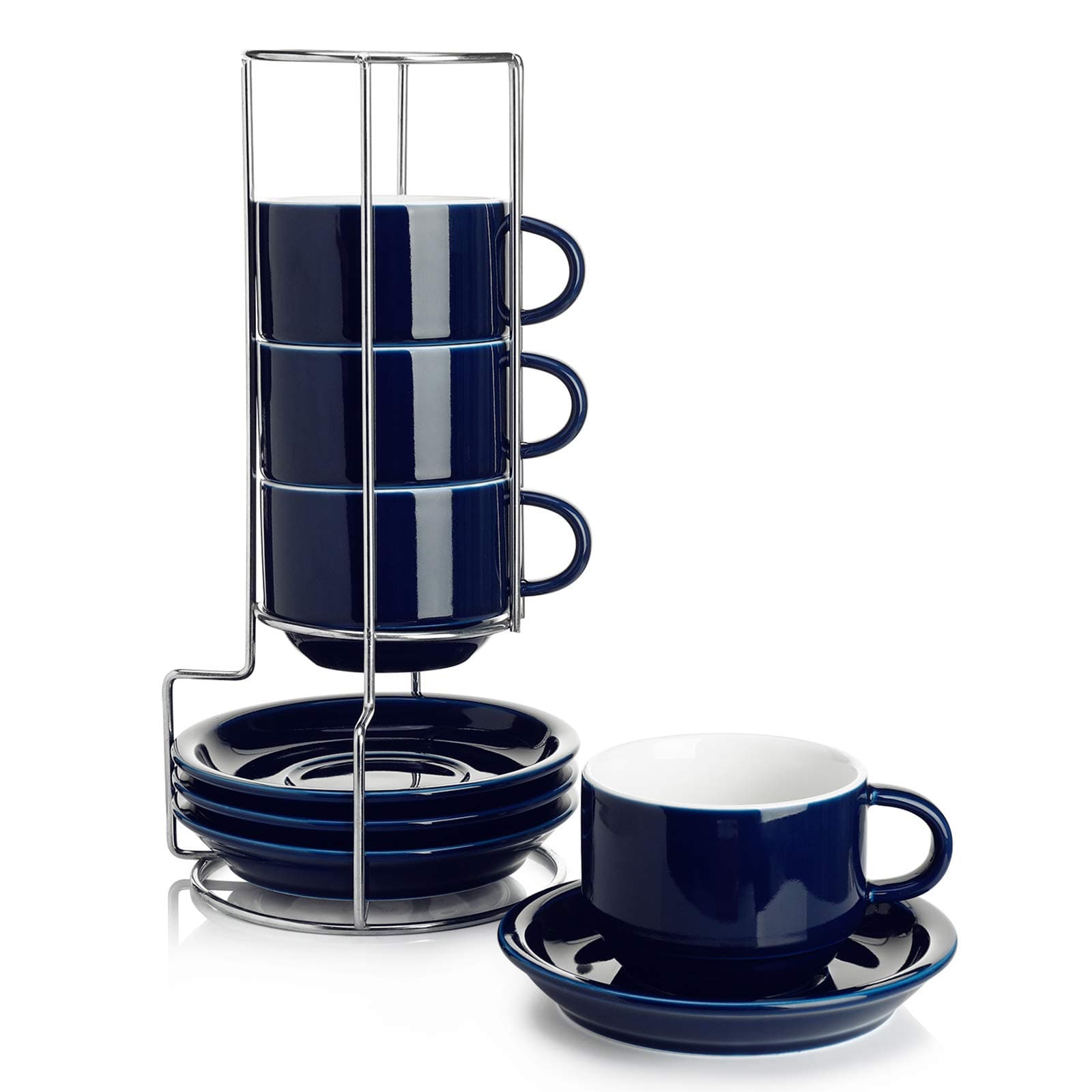 Sweese 406.103 Porcelain Stackable Cappuccino Cups with Saucers and Metal Stand - 8 Ounce for Specialty Coffee Drinks, Cappuccino, Latte, Americano and Tea - Set of 4, Navy