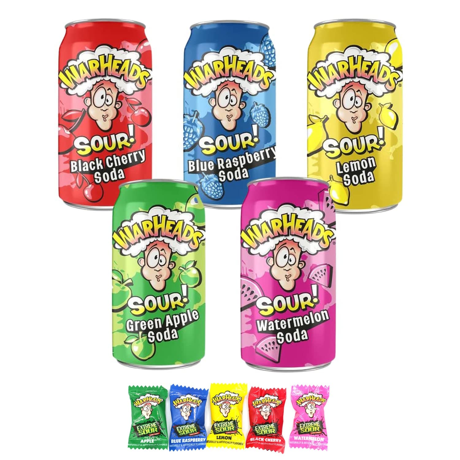 Snack Hut Warheads Sour Soda Pop Variety Pack, Five - 12 oz. Cans Warheads Extreme Sour Candy - Blue Raspberry, Black Cherry, Lemon, Green Apple, Watermelon and 5 Pieces of War Heads Candy