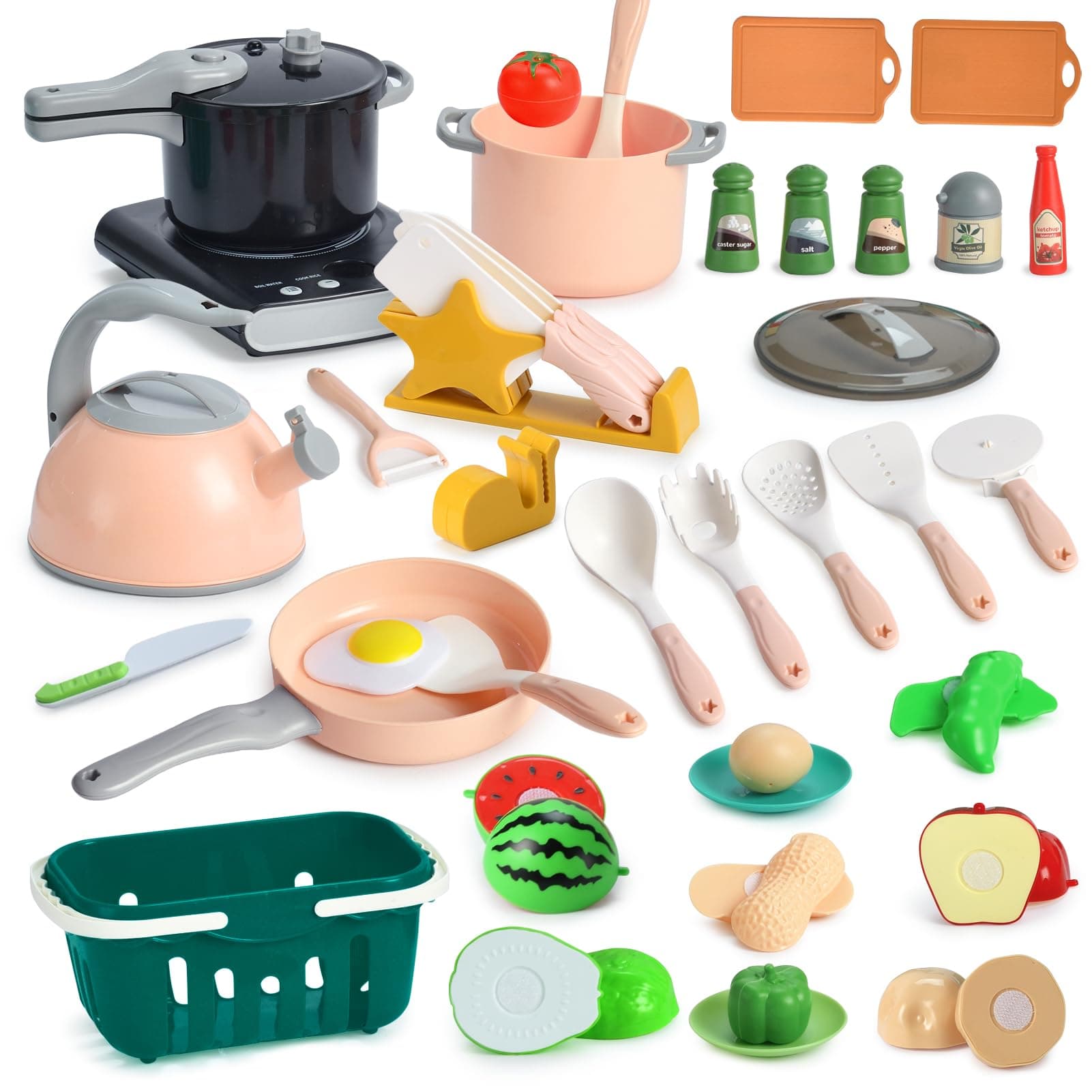 PlayhilandPlay Kitchen Accessories 42 Pcs Kids Kitchen Playset, Play Kitchen for Toddlers 4-8, Kids Play Food Set Toy with Pots Pans and Cookware Utensils,Cooking Cutting Learning Gift for Girls Boys