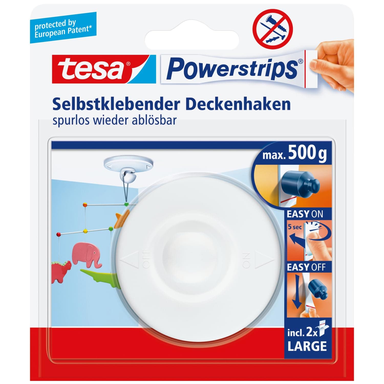 tesa Powerstrips Ceiling Hook - Adhesive for Ceiling Decorations and Hanging Fixtures - Plastic in White with tesa Powerstrips Large, Holds up to 500 g