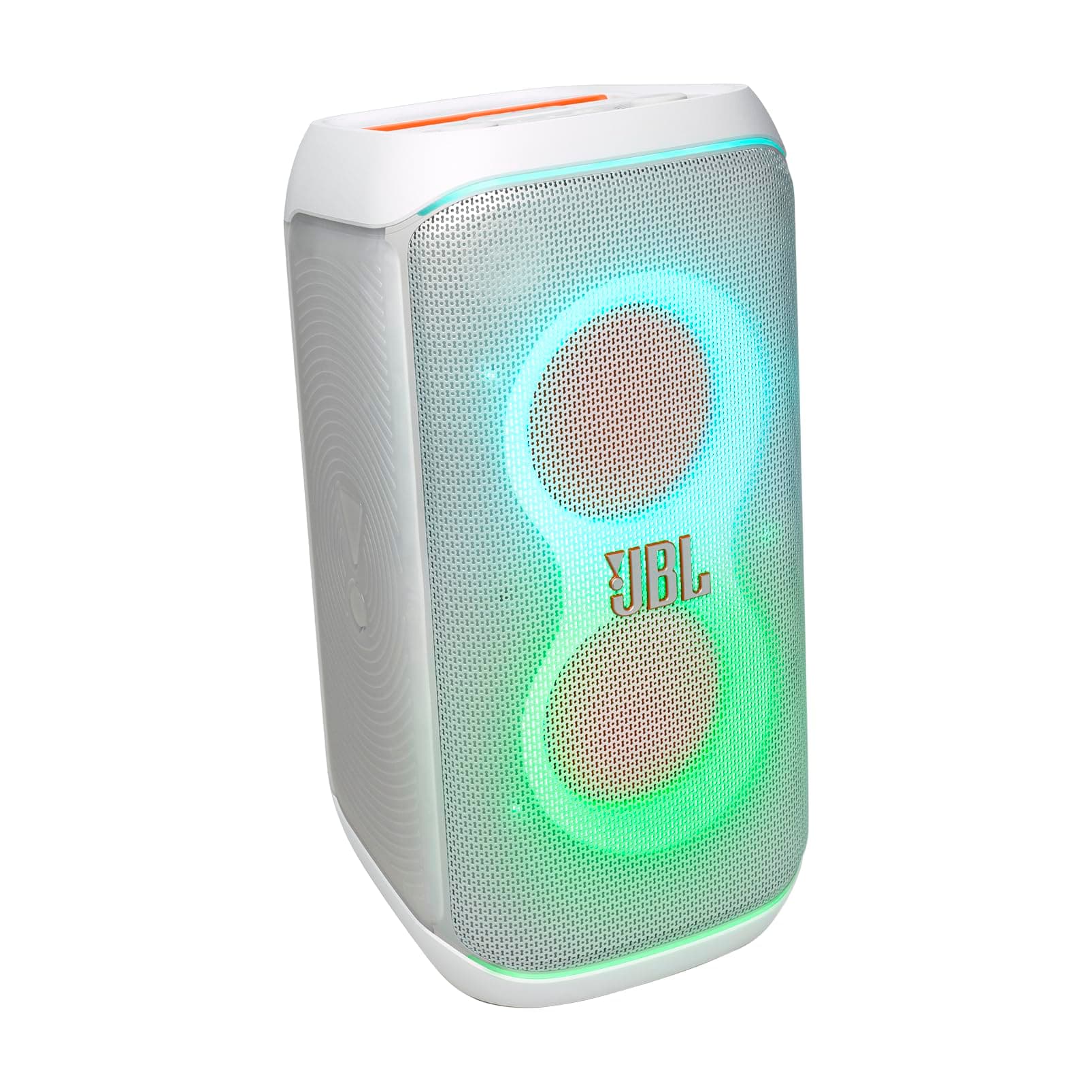 PartyBox Club 120 - Portable Party Speaker with Foldable Handle, Powerful JBL Pro Sound, Futuristic lightshow, Up to 12 Hours of Play time, Splash Proof, Dual Mic & Guitar Inputs (White)