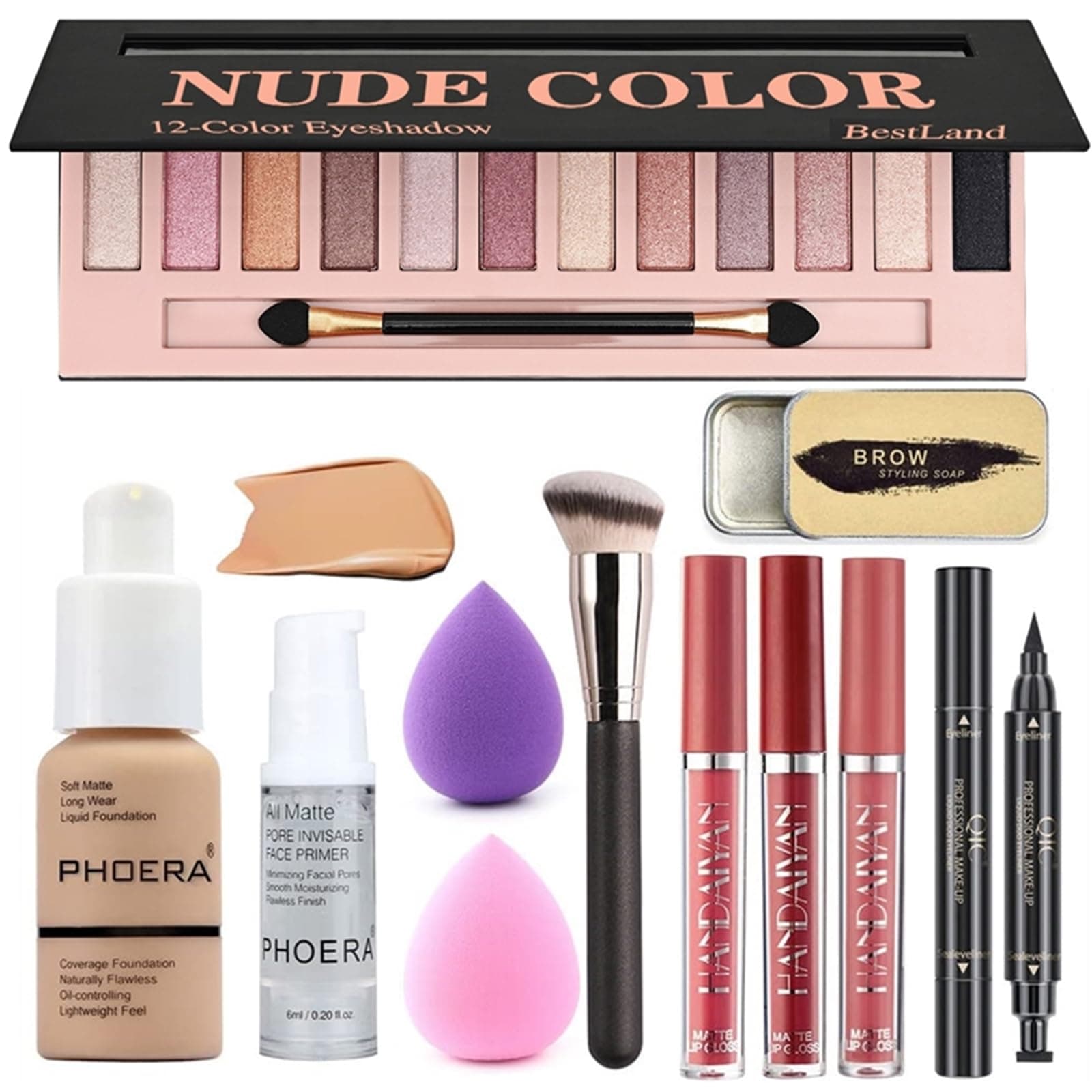 All in One Makeup Set 12 Colors Eyeshadow Palette Matte Foundation Face Primer, 3 Liquid Lipstick, Eyebrow Soap, Winged Eyeliner Stamp, Brush, Sponge, (Set B)