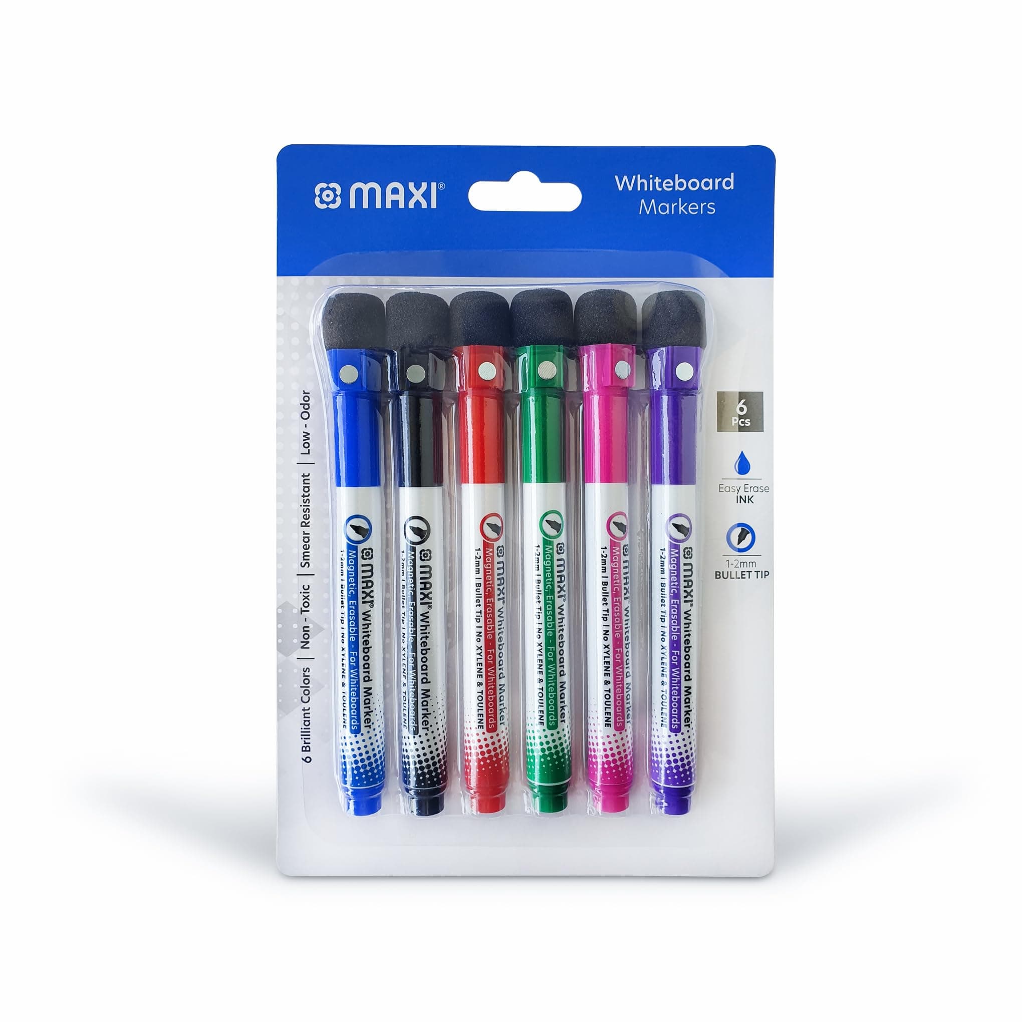 Slim Magnetic Whiteboard Marker with Eraser 1-2mm 6pc (Blue,Black,Red,Green,Pink and Purple), Magnetic Color Pens for Whiteboard. or Home, Office and School