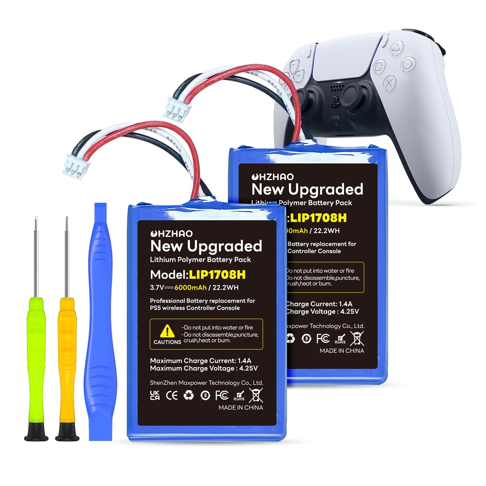 2pack PS5 Controller 6000mAh Battery, LIP1708 Battery for Sony PS5 PlayStation 5 Dual Sense Controller CFI-ZCT1W Gamepad, 𝗡𝗲𝘄 𝗨𝗽𝗴𝗿𝗮𝗱𝗲𝗱 3.7V High-Capacity PS5 Battery Replacement