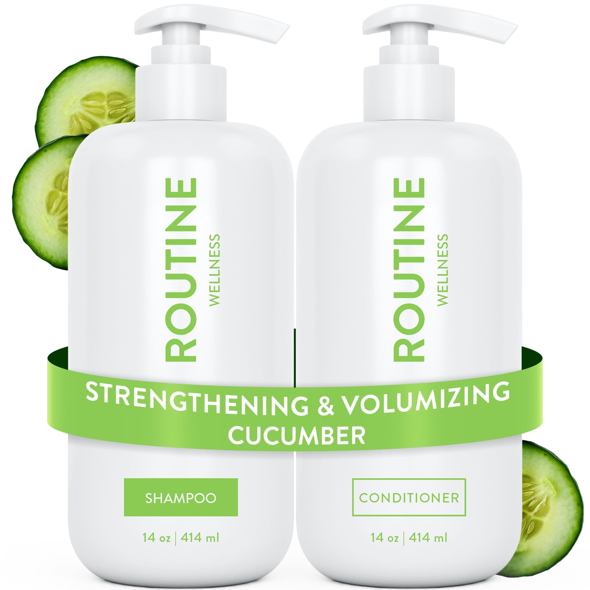 Routine Wellness Anti-Thinning Shampoo and Conditioner Set for Thinning Hair - Biotin DHT Blocker Women & Men - Color Safe Shampoo for Hair Loss & Healthier Hair - Cucumber (Pack of 2)