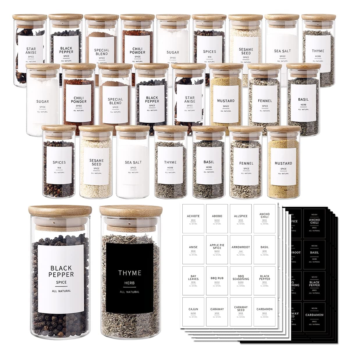 24 Pcs Glass Jars With 296 Spice Labels Preprinted of White and Black Color- 4oz Thicken(2.4mm) Empty Small Herb Seasoning Containers With Bamboo Airtight Lids