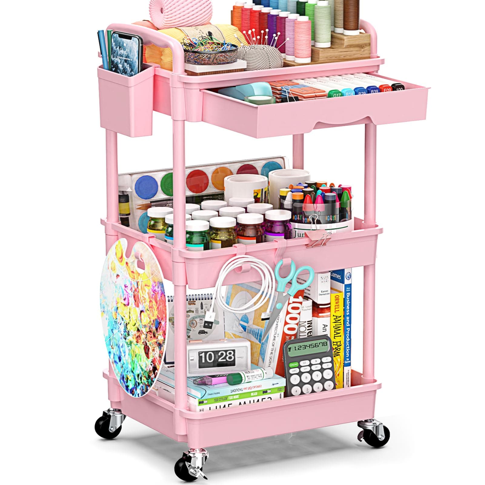 3 Tier Rolling Cart with Drawer, Bathroom Storage Organizer with 2 Lockable Wheels, Multifunctional Rolling Storage Cart for Bathroom, Kitchen, Office, Craft, Makeup, Baby Essentials, Pink