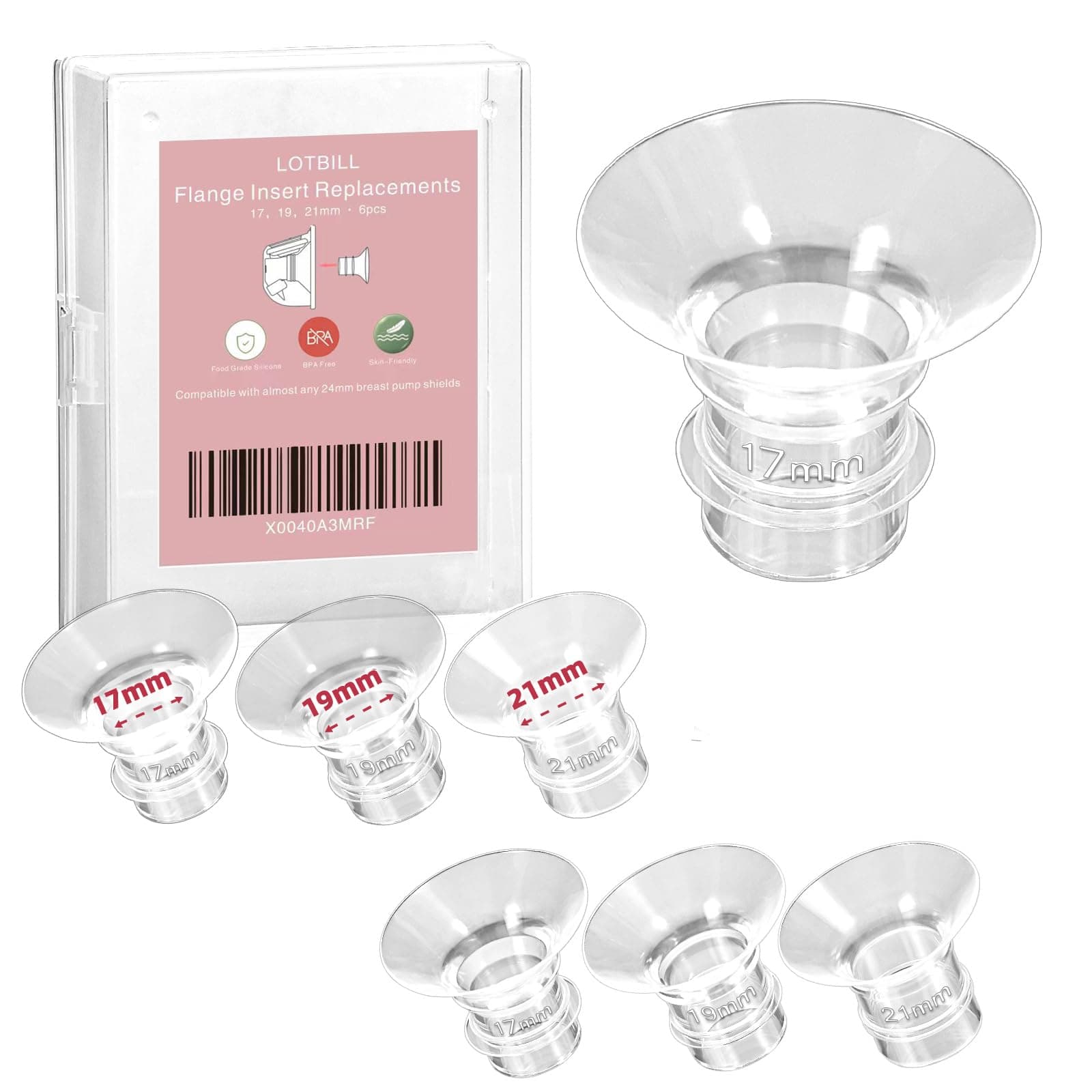 Flange Insert 17/19/21mm 6PCS Compatible with Medela/Spectra/Momcozy S9/S9pro/S10/S12/S12pro etc Breast Pump 24mm Flange/Shield, Reduce Tunnel Down to Correct Size