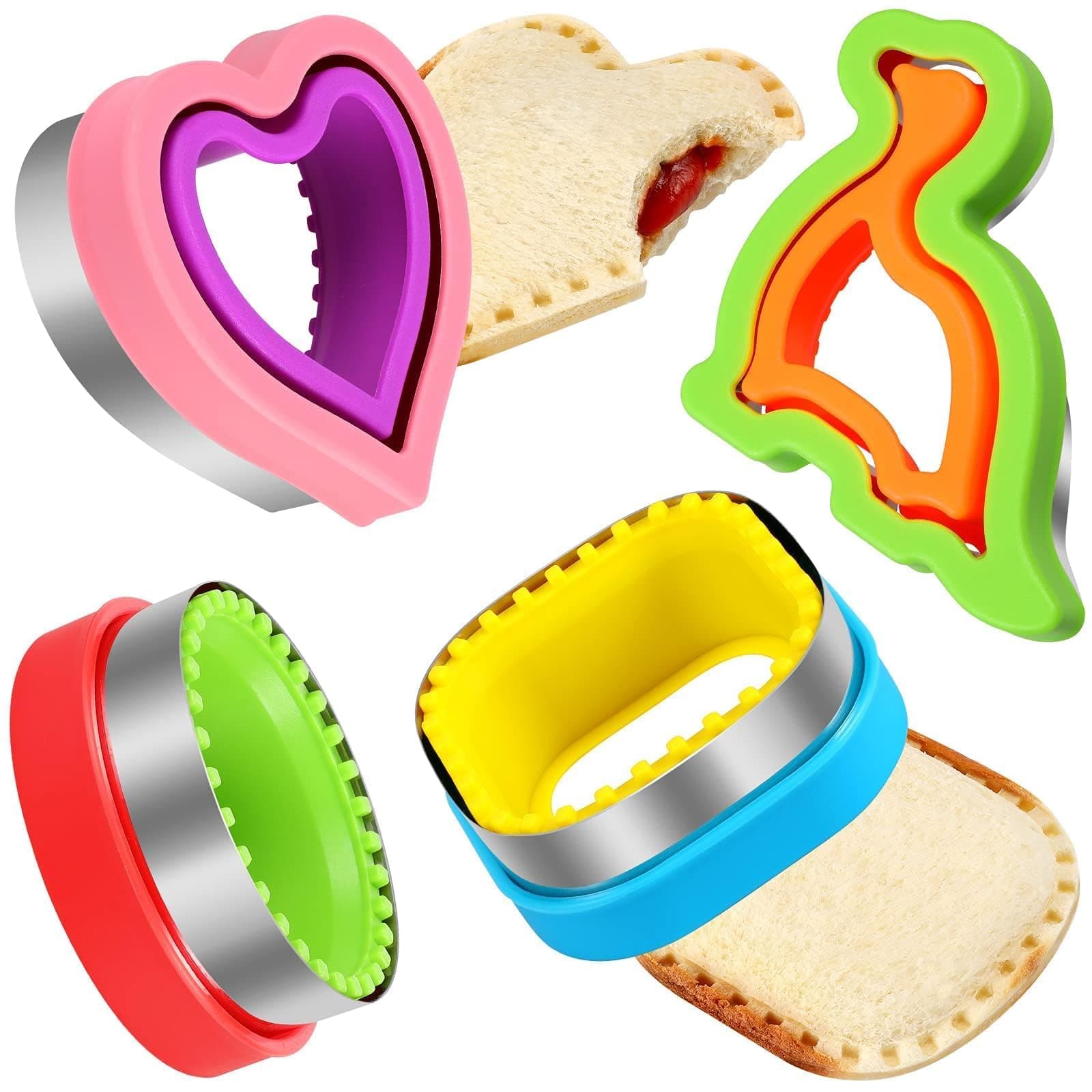 HINZER Sandwich Cutter and Sealer Set 4 Pcs Bread Decruster Sandwich Cutter Pancake Maker Heart Square Circle Dinosaur Shape DIY Cookie Cutters Gift for Kids Adult Boys Girls