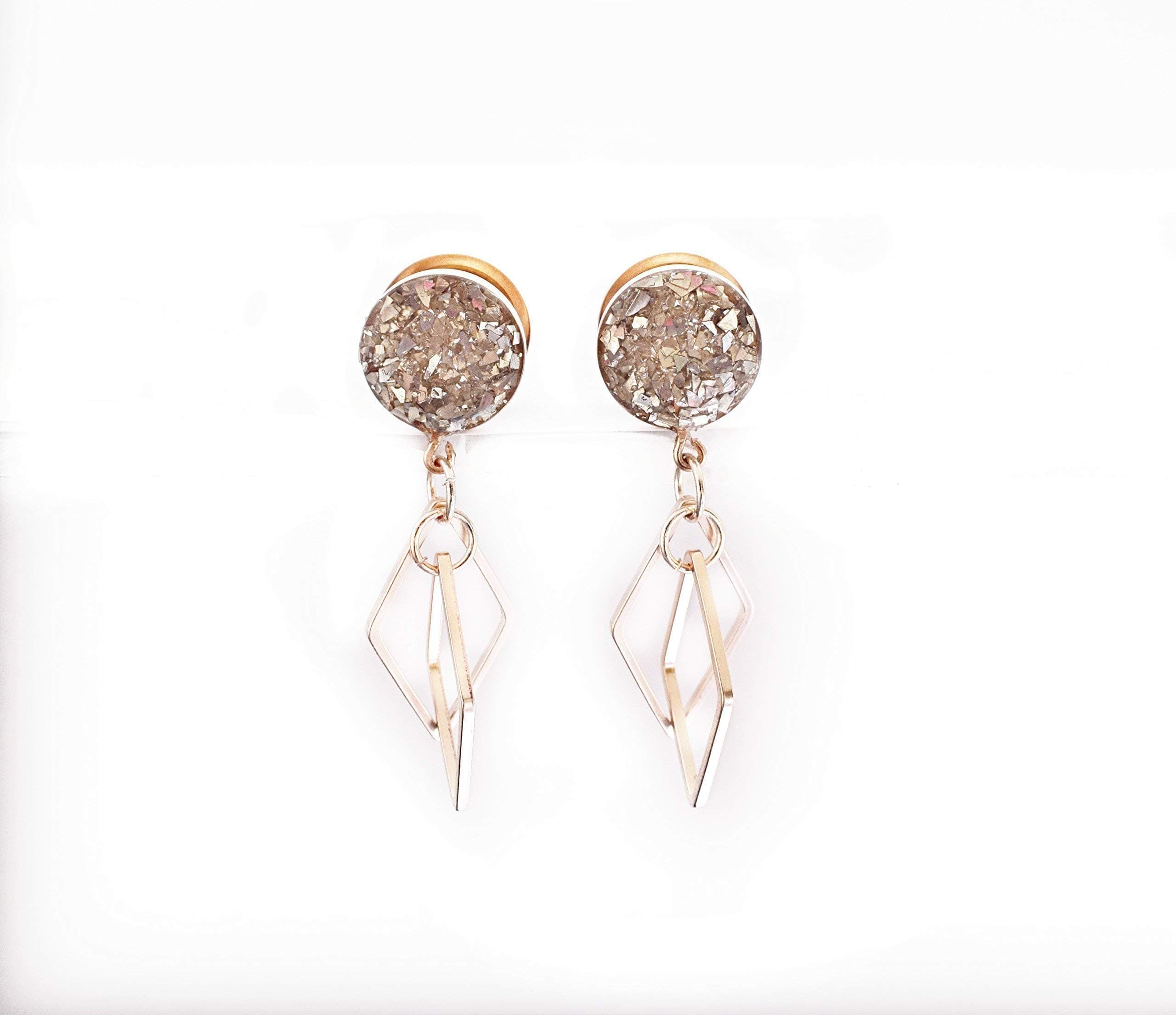Silver Crushed Glass Diamond Dangle Rose Gold Plugs - 16g to 9/16 inch - Also available in Gold, Silver or Black!