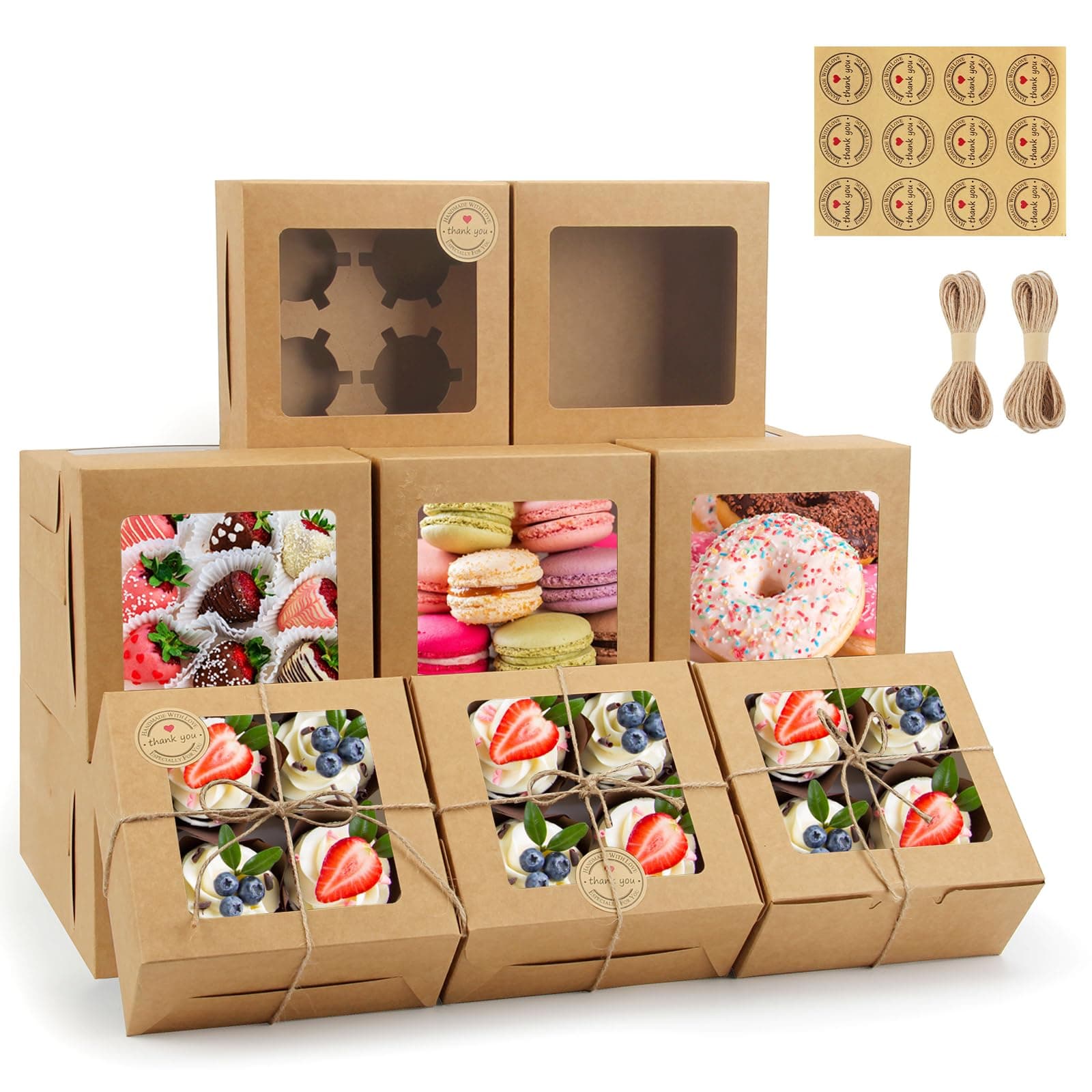 OAMCEG 50 PCS Cupcake Boxes with Window, 6x6x3 Inch Cookie Boxes, Bakery Treat Boxes for Pastry, Dessert, Chocolate Strawberries, Cupcake Containers, Gift Giving with Stickers & Twine (Brown)