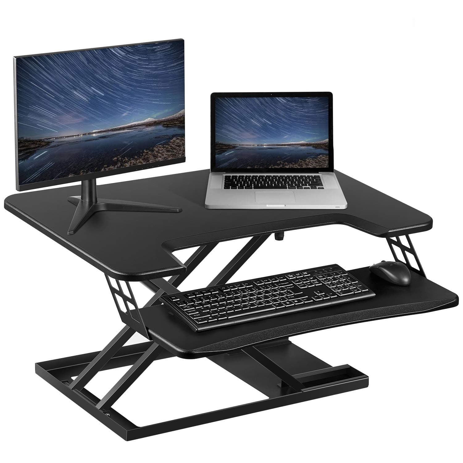 Standing Desk Height Adjustable Sit Stand Desk Riser Converter with Gas Spring Lift, 32 inches Stand Up Desk with Quick Release Keyboard Tray Dual Computer Monitor, Black
