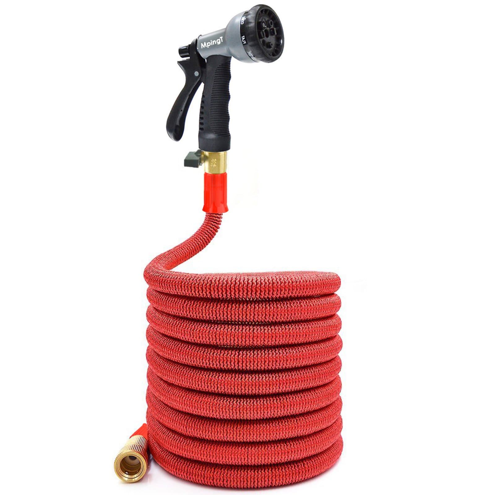 MpingT 50' Latest Super Expanding Garden Hose, Solid Brass Ends, Double Latex Core, Extra Strength Fabric, 8 Function Spray Nozzle and Shut-Off Valve(Black/Red) (50’, Red)