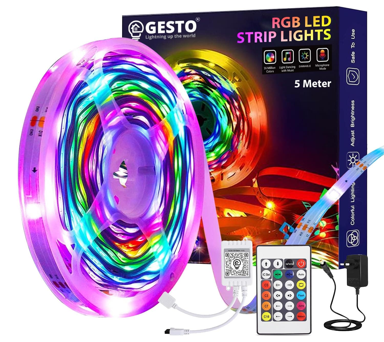 Gesto 5 Meter LED Strip Lights - 300 Led RGB Strip Light with Adaptor | Operated with 16 Modes Remote Controller | Multicolor LED Lights for Home Decoration, Bedroom,Diwali Decoration & False Ceiling