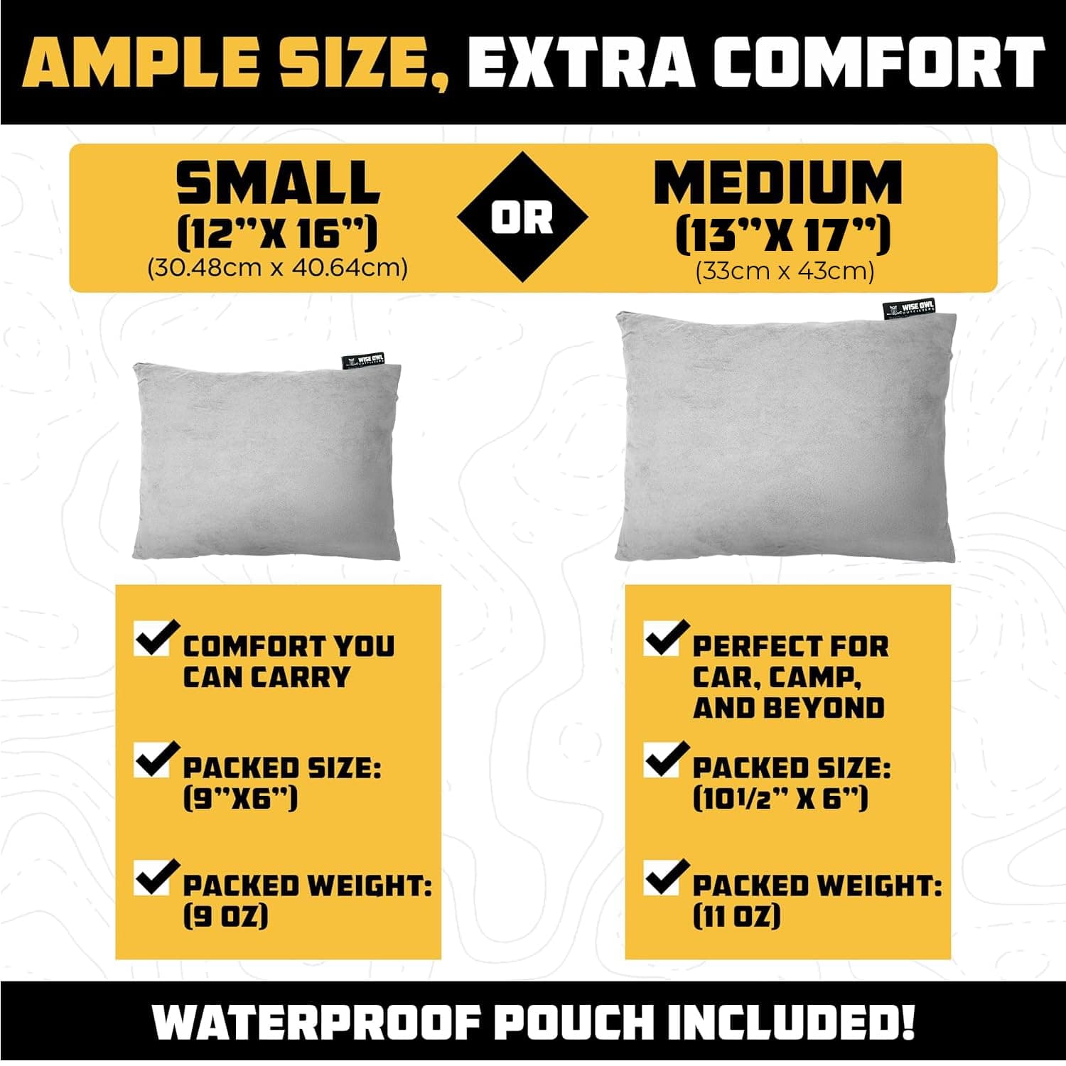 Wise Owl Outfitters Camping Pillow Compressible Foam Pillows – Use When Sleeping in Car, Plane Travel, Hammock Bed & Camp – Adults & Kids - Compact Small & Large Size - Portable Bag - MD Grey