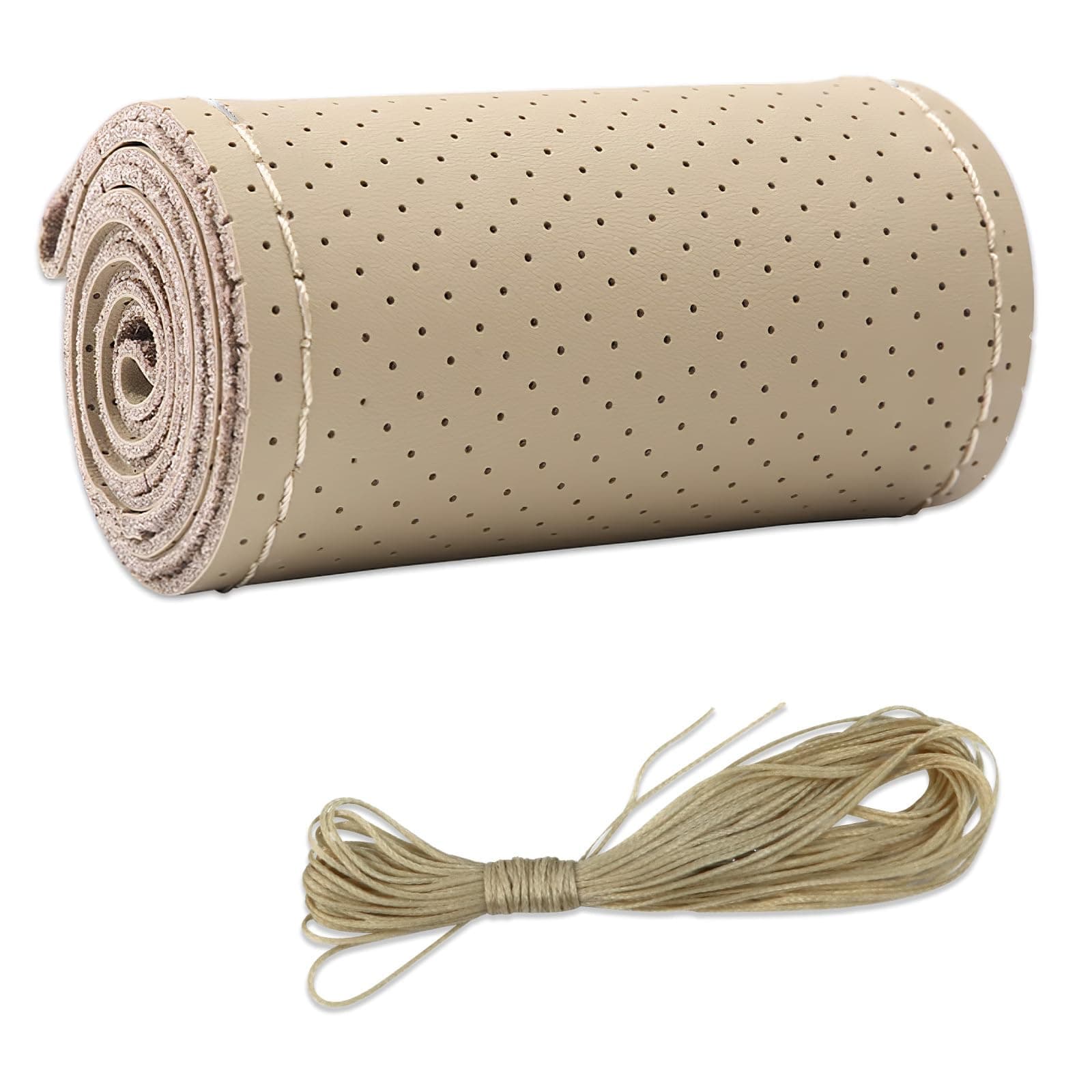 Steering Wheel Cover, DIY Sewing with Needle & Thread, Breathable Anti-Slip Car Steering Wheel Protector, Universal 15 Inch Auto Steering Wheel Stitch on Wrap (Beige, Full Hole)