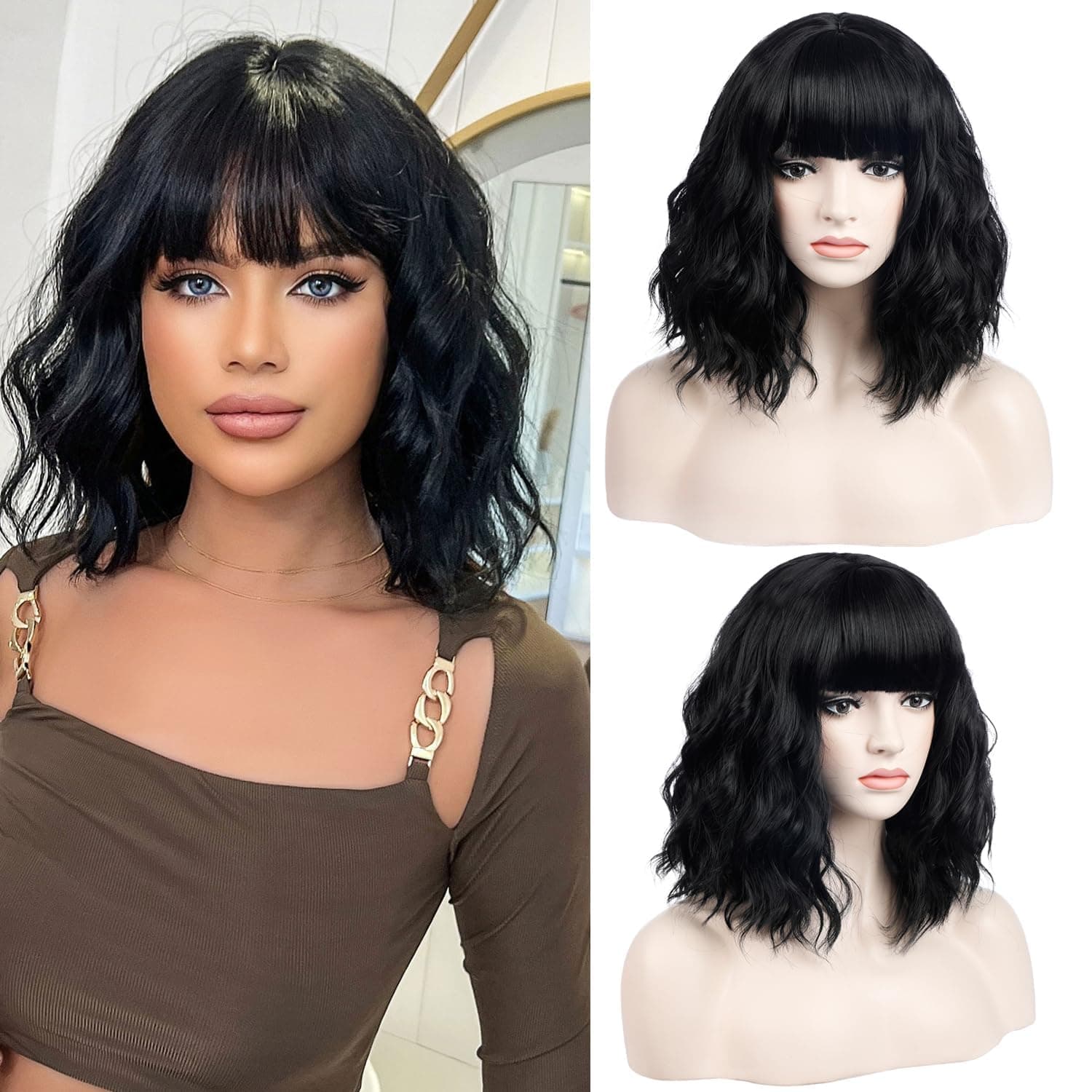 Short Bob Wig, Natural Black Short Waves with Bangs, Black Curly Wig, for Women's Girl's Shoulder Length, Soft Realistic Fiber Heat Resistant Synthetic, for Daily Party, Cosplay Use,12 Inch