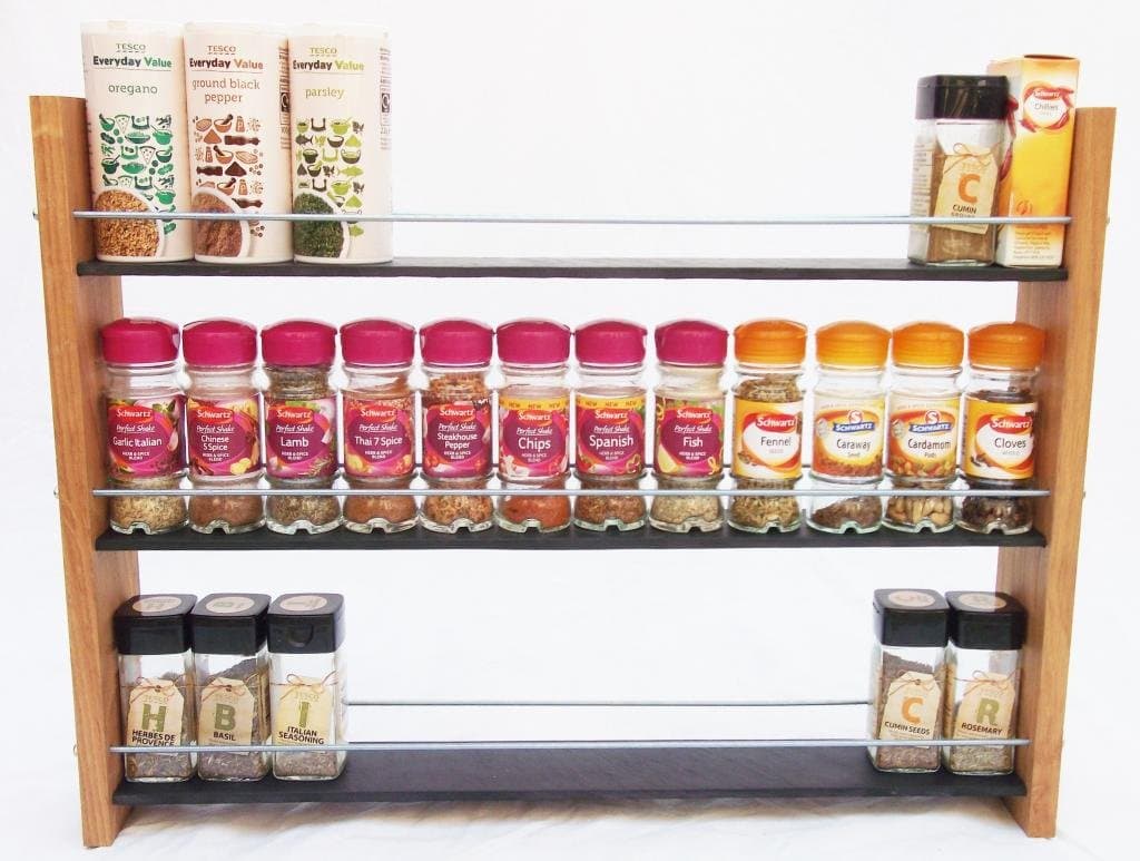 Oak Slate Design. Spice/Herb Rack .3 Tier, 36 Jar - Modern Contemporary Style - Deep Shelves for Larger Spice Jars, Boxes, Kilner Jars