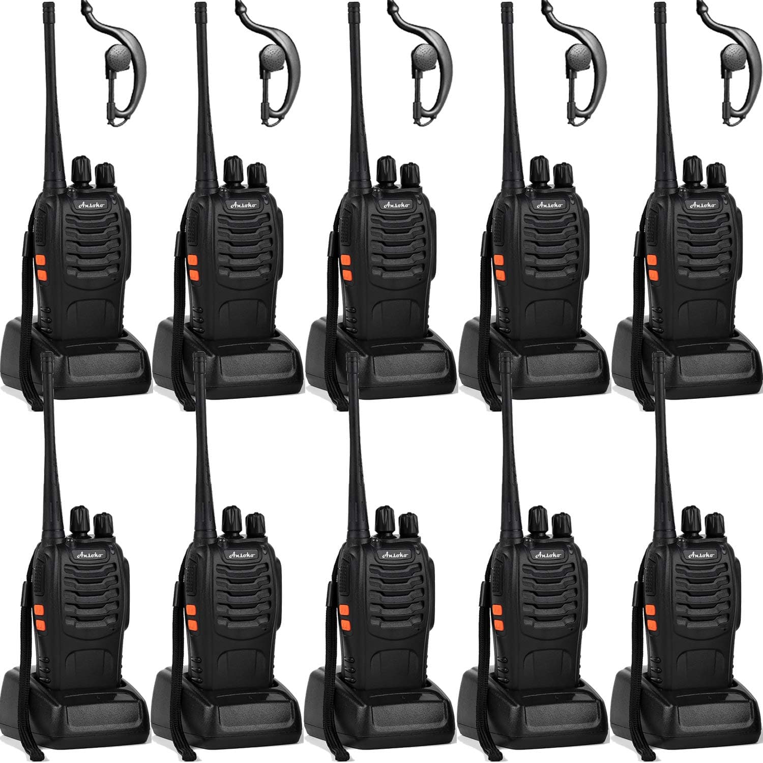 Walkie talkies 10 Pack Long Range Rechargeable 2 Way Radio UHF 16-Channel with Earpiece Li-ion Battery and Charger (Pack of 10)