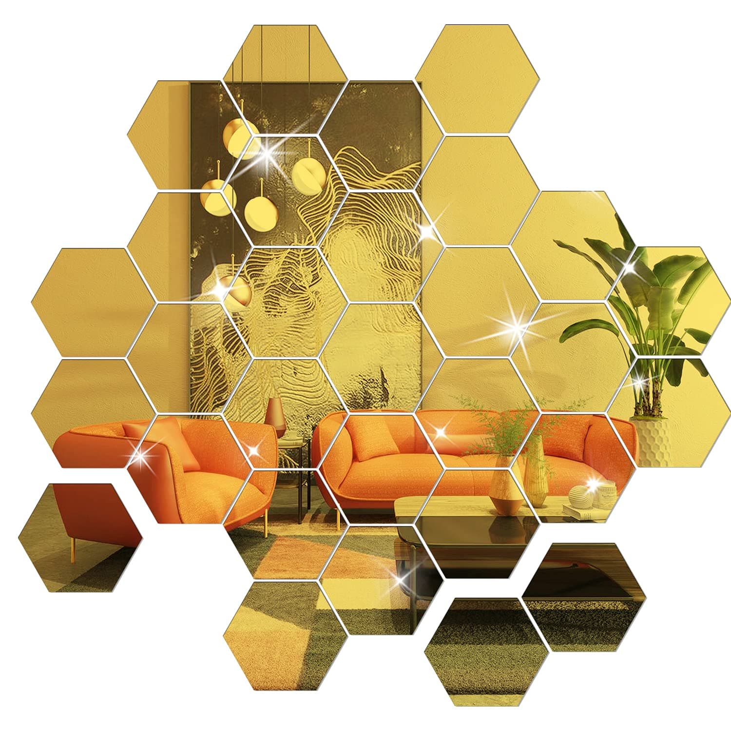DIY Wall Decals Acrylic Mirror Sticker Set 36 Pcs, Hexagon Mirror Wall Stickers for Living Room Bedroom Decor (Gold)