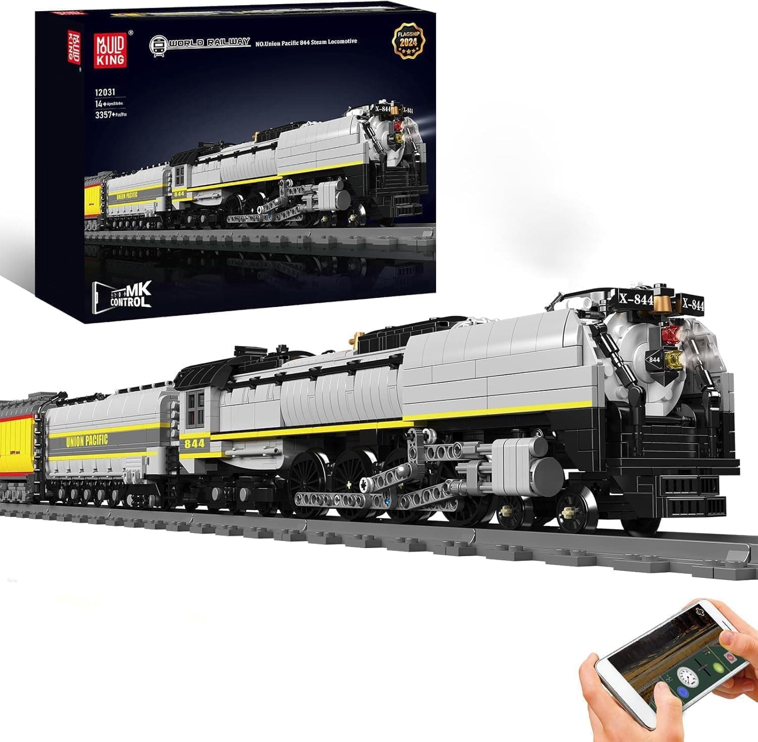 Mould King Train Building Blocks Kit - UP844 Steam Train Train Set with LED Lighting, Motor, Truck Remote Control, APP, 3357 Pieces
