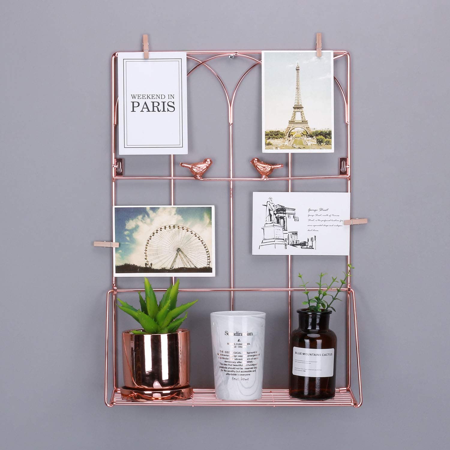 Nugoo Metal Wall Shelf, Multifunctional Wall Organizer and Display Shelf, Decorative Wire Floating Shelf for Bedroom, Living Room, Kitchen and Entryway, Rose Gold