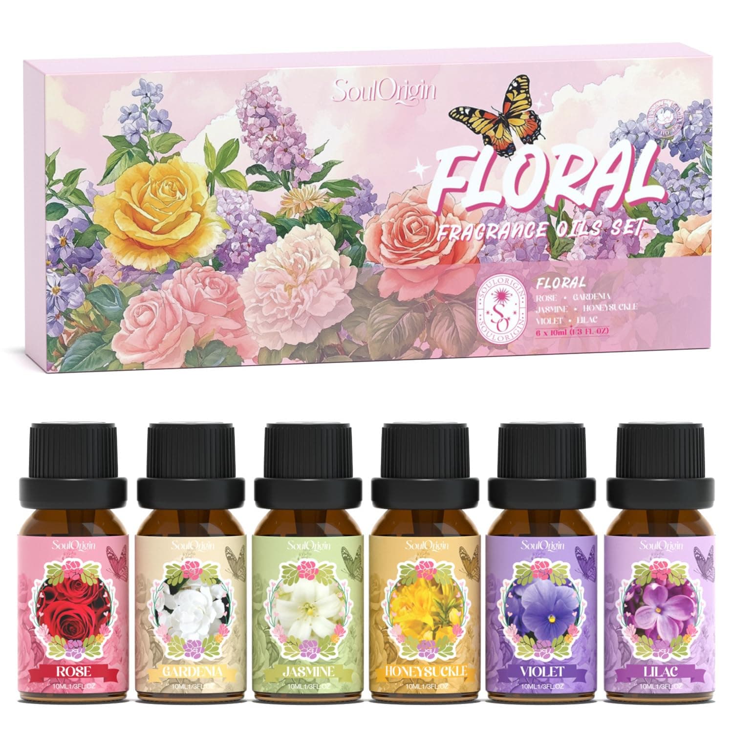 Floral Essential Oils Set, Fragrance Oil Gift Set for Diffuser, Natural Scent Diffuser Oil for Candle Making- Rose, Gardenia, Jasmine, Honeysuckle, Violet, Lilac