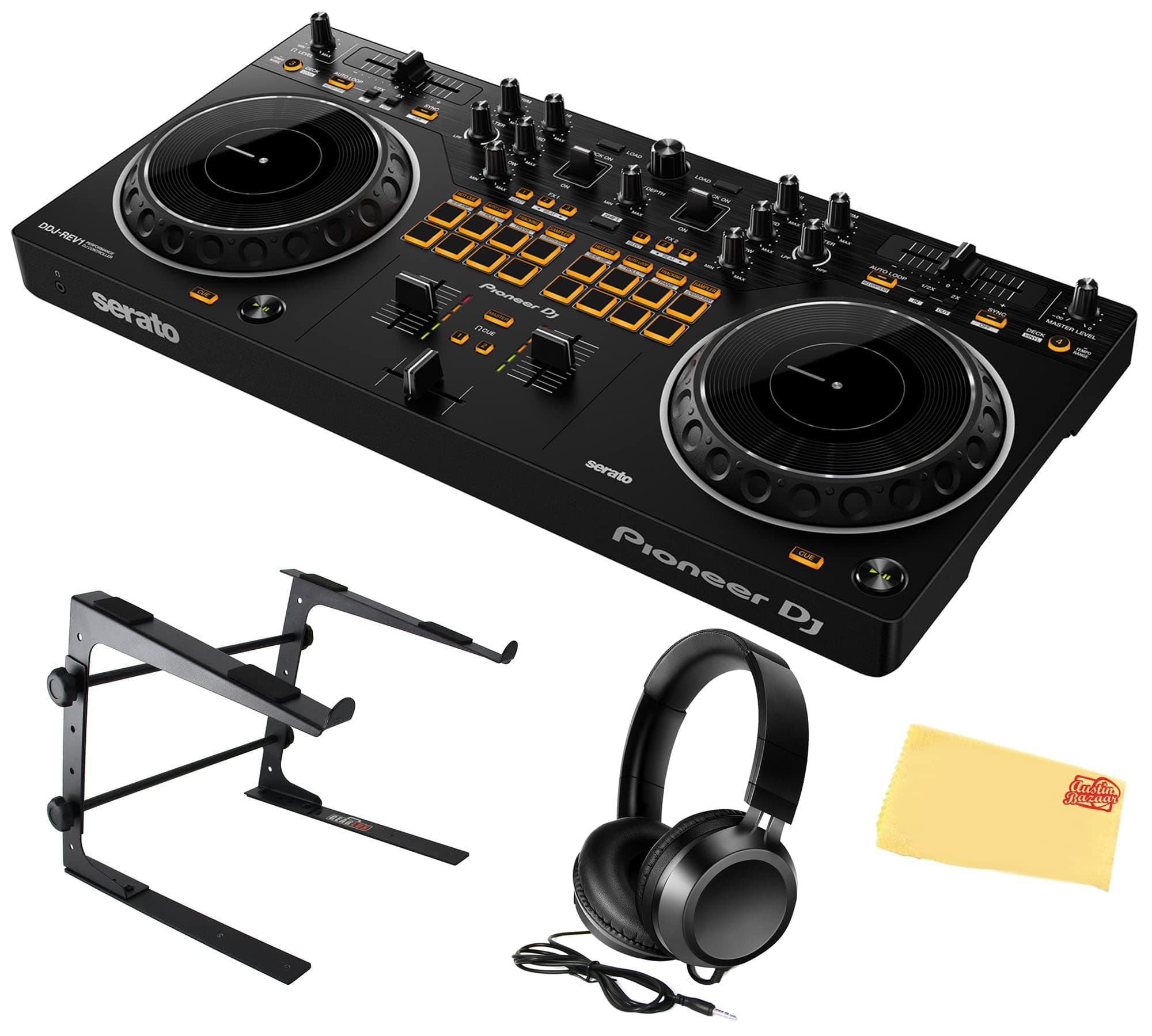 Pioneer DDJ-REV1 Scratch Style 2 Channel DJ Controller for Serato DJ Lite - Black Bundle with Laptop Stand, Headphones, Austin Bazaar Polishing Cloth