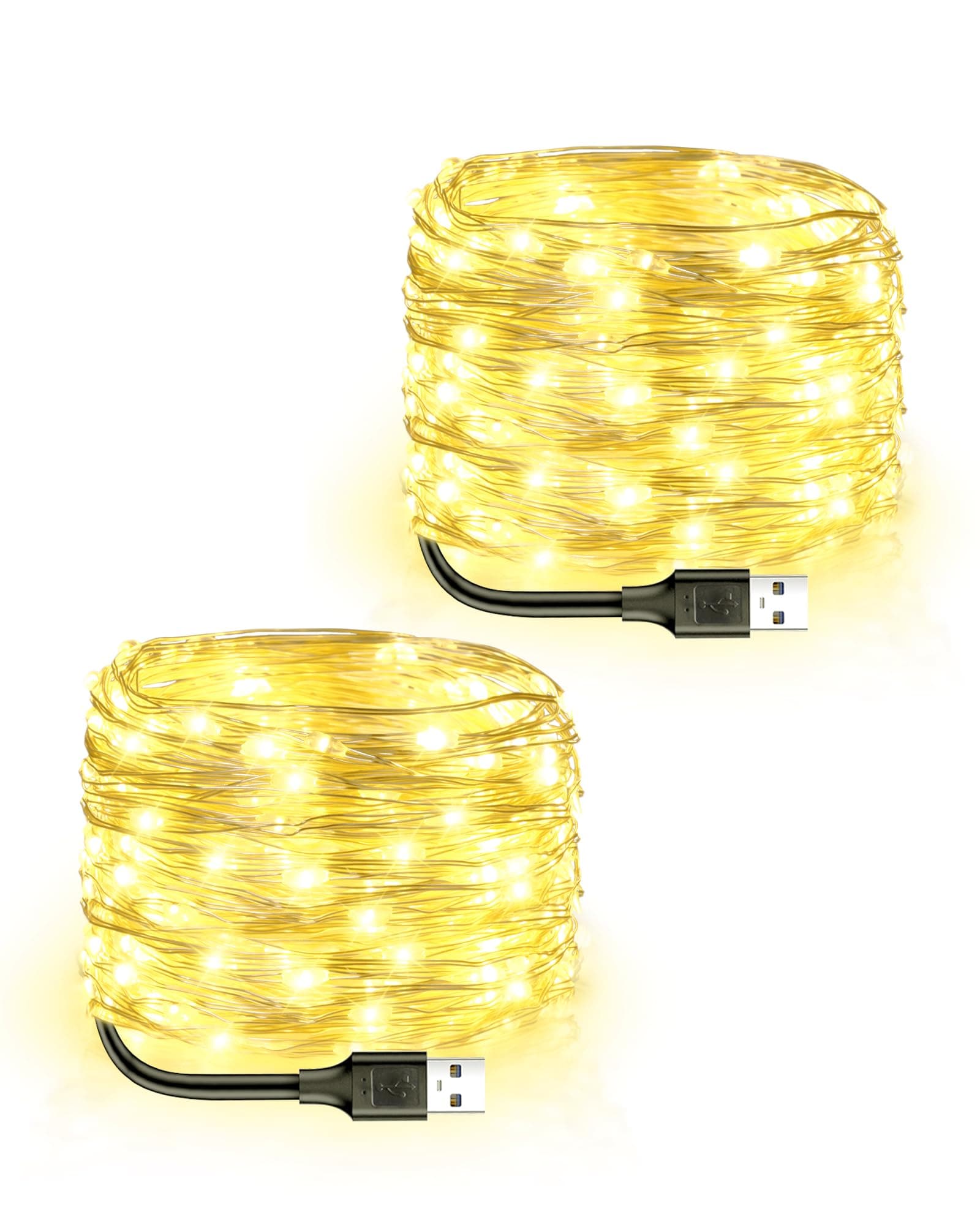 Blingstar USB Powered Fairy Lights, 2 Pack 33Ft 100 LED, Flexible Silver Wire, Mini String Lights for Christmas Tree/Bedroom/Camping/Holiday Indoor Decoration, Warm White