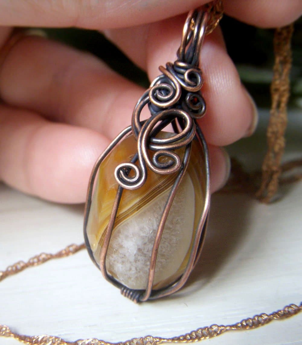 Wire Wrapped Botswana Agate Copper Pendant - Layering Necklace Caged Wire Work