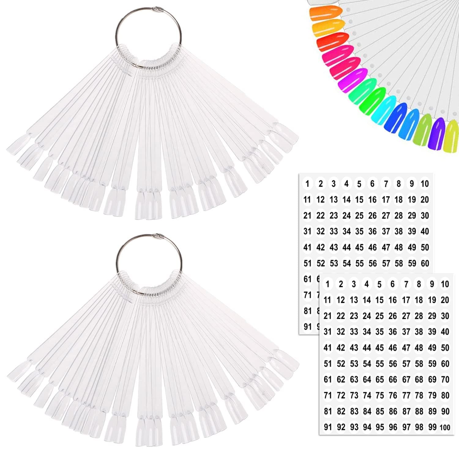 100 Pcs Clear Fan-shaped False Nail Swatch Sticks Nail Polish Practice Display Art Tips Nail Sample Sticks With Metal Split Ring