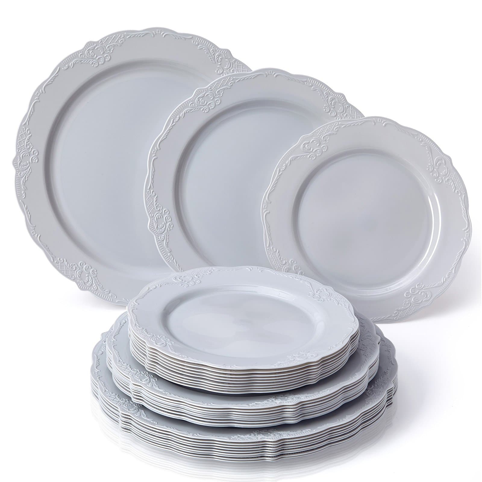 Silver SpoonsHeavy Duty Plastic Plates Set | 10 Dinner Plates | 10 Salad Plates | 10 Dessert Plates | Elegant Plastic Dinnerware | Fine China Look | Upscale Wedding Dining | Vintage Collection, Grey