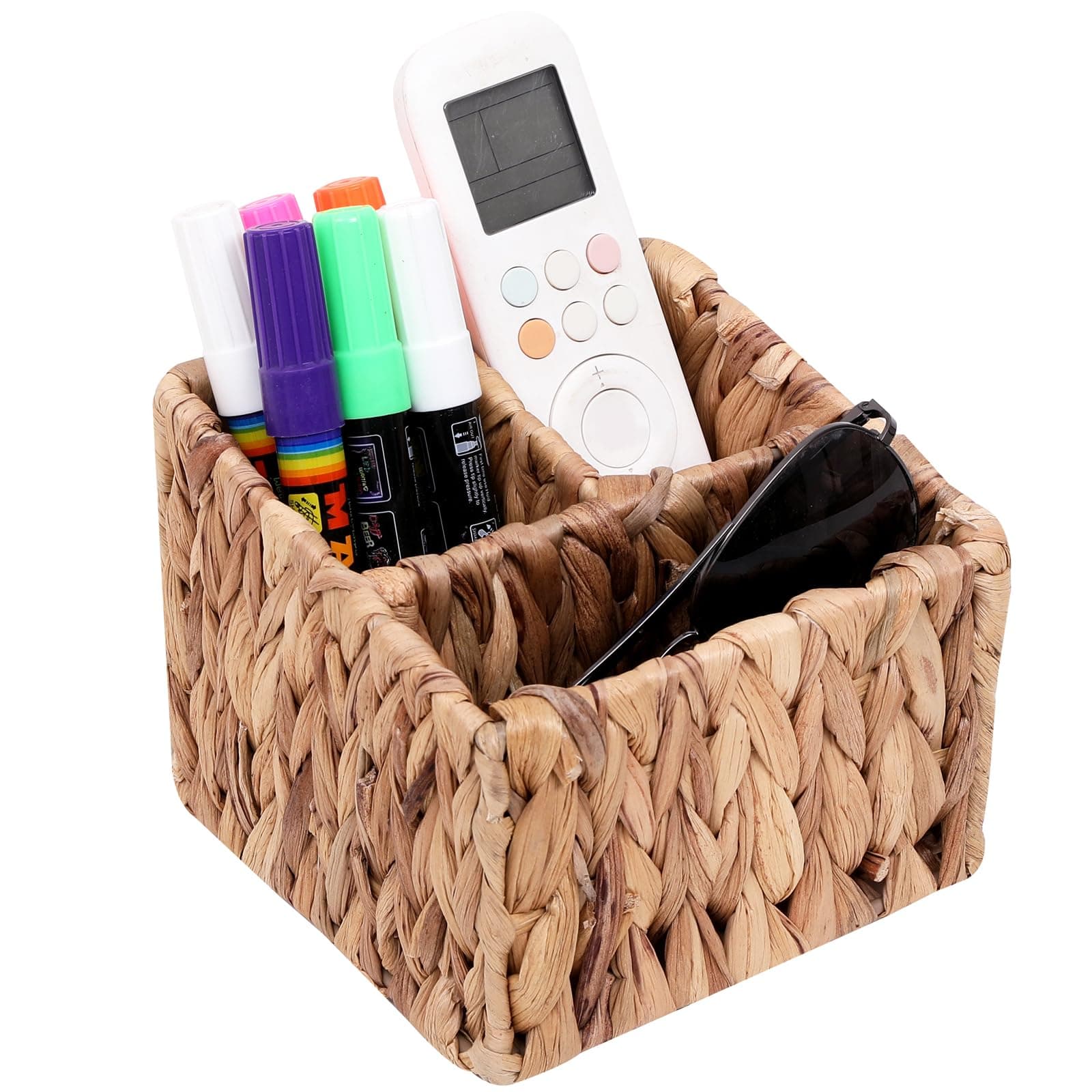 Wicker Remote Control Holder Hand Woven Water Hyacinth Storage Basket with 3 Compartments,Cosmetic Storage Box for Desk,Home Organization