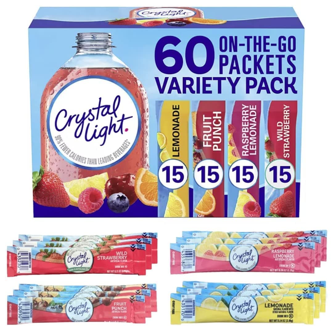 Crystal Light On-The-Go Powdered Drink Mix Variety Pack - lemonade, fruit punch, raspberry lemonade & wild strawberry - By Obanic (60 Count) - 2 Pack