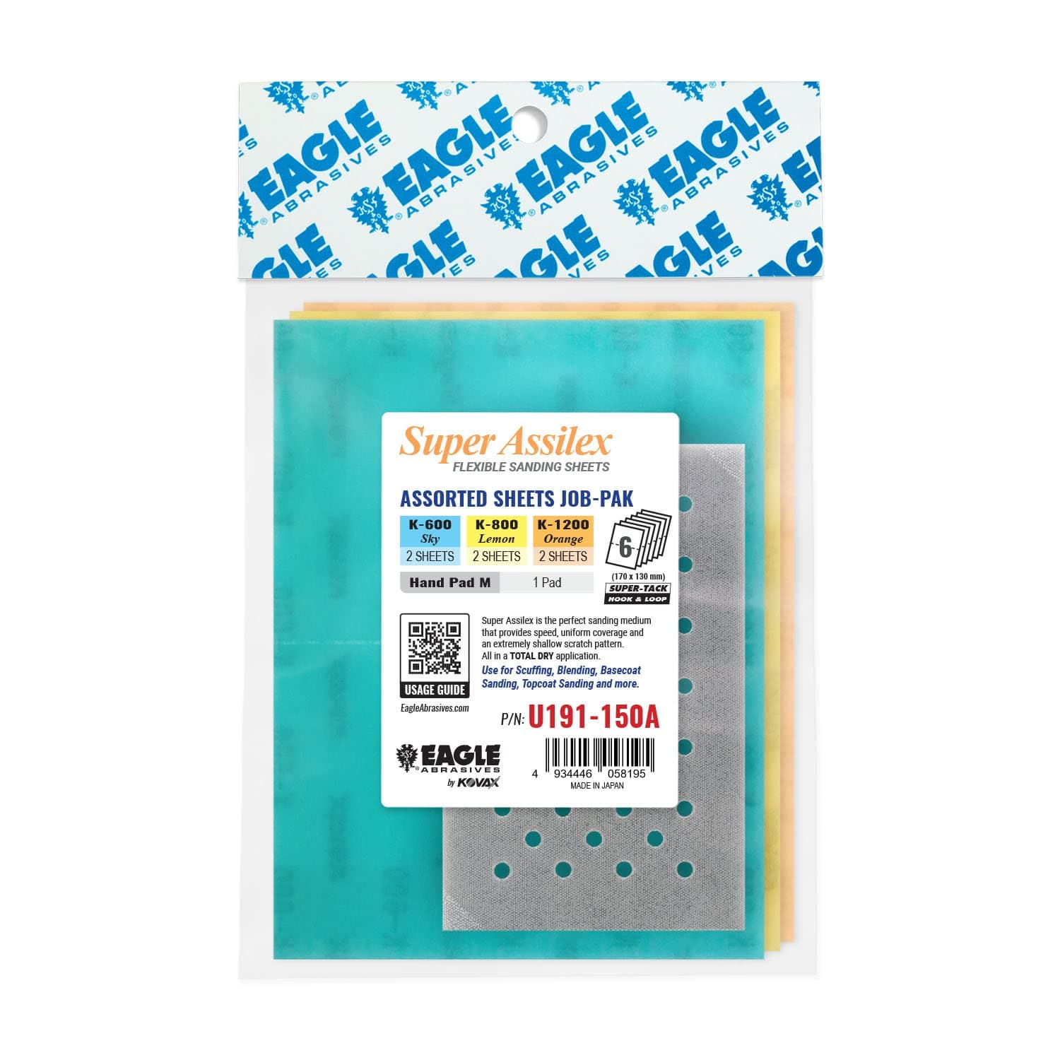 Eagle Abrasives Super Assilex Flexible Sanding Sheets Job-PAK, Assorted K600-K1200, U191-150A, 6 Sheets + 1 M Hand Pad for Half Sheets