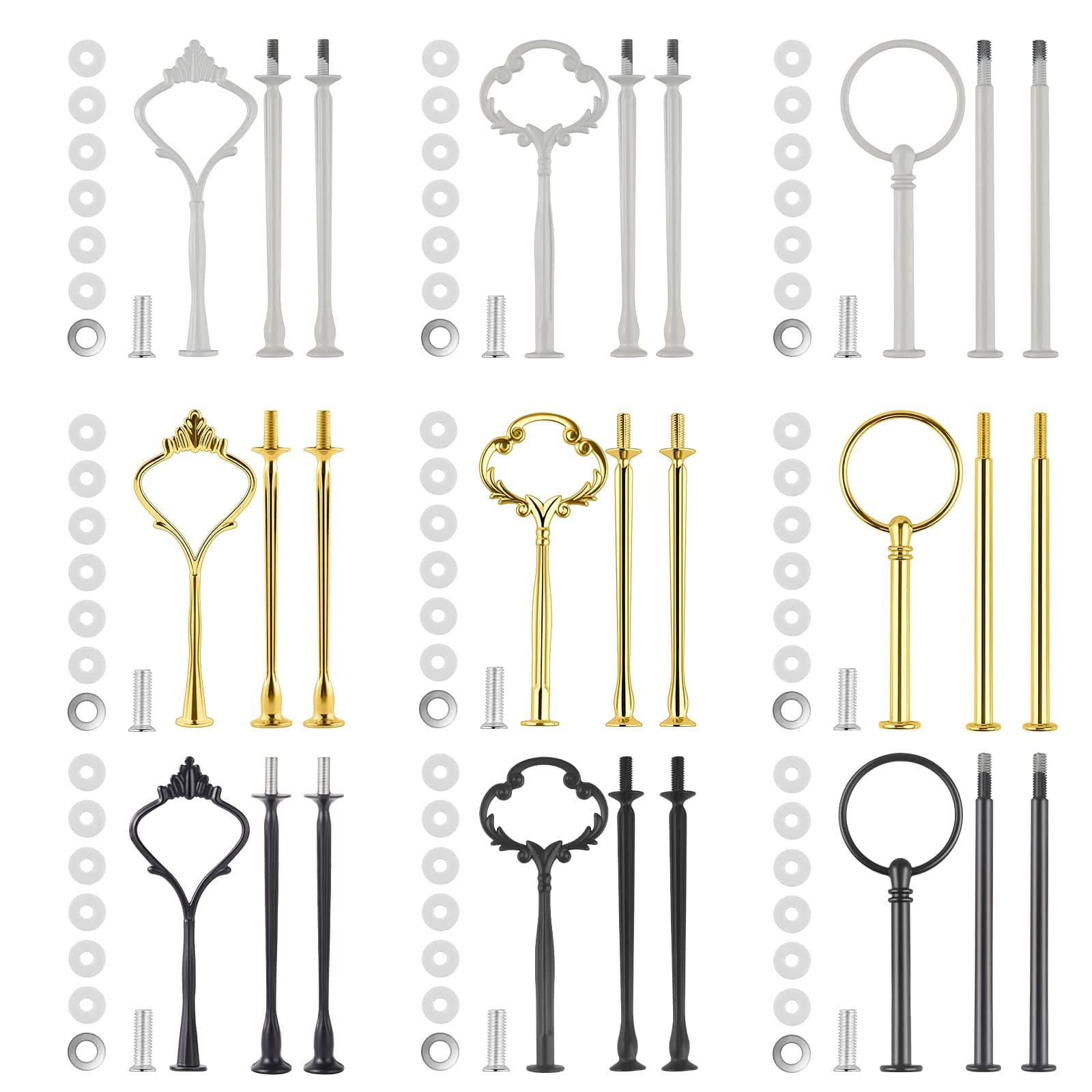 9 Set Cake Stand Hardware Tiered Tray Hardware Kit Fittings for Cake Stand,3 Tier Cake Stand Fittings Hardware Holder for Christmas,Weeding,Party,Dessert Cupcake Trays Serving Stands-Gold,Black,White