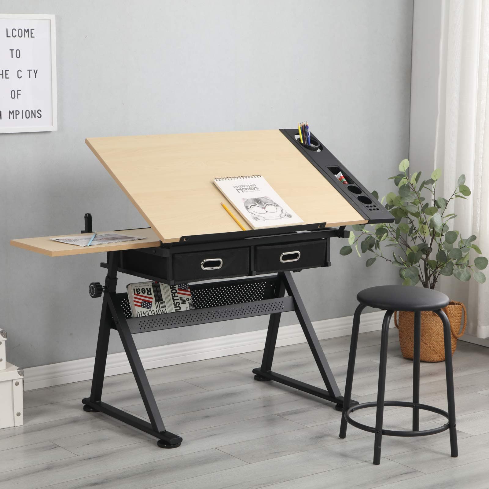 Drawing Tables for Artists, Height & Angle Adjustable Drafting Table with Stools, Wood Art Craft Drawing Table with 2 Drawers, Tiltable Tabletop Art Craft Work Station for Painting, Writing, Studying