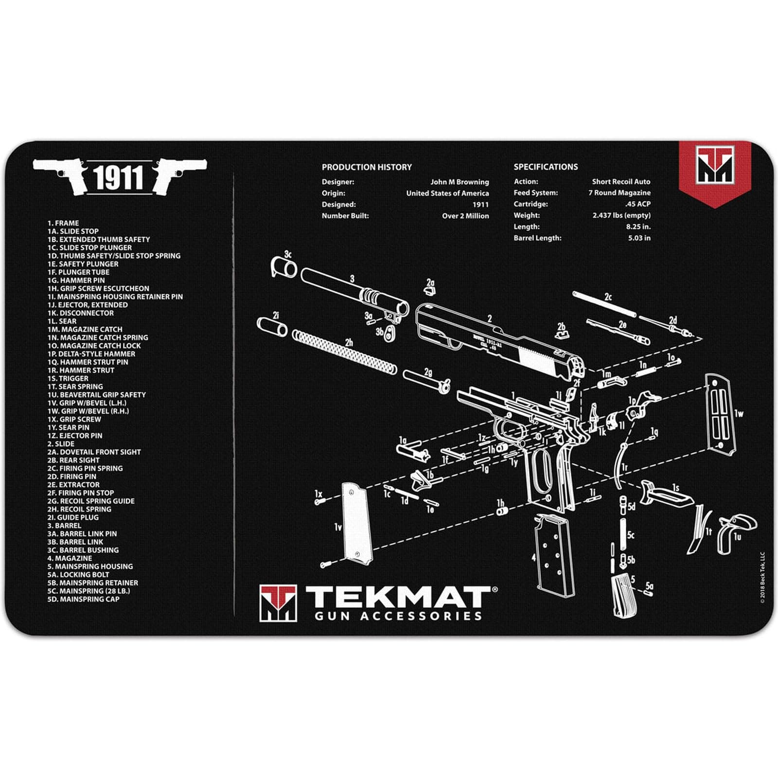TekMat Original 11" x 17" - 1/8" Thick Oil Resistant Non-Slip Waterproof Scratchproof Washable Handgun Maintenance & Cleaning Mat for use with 1911 | 1911