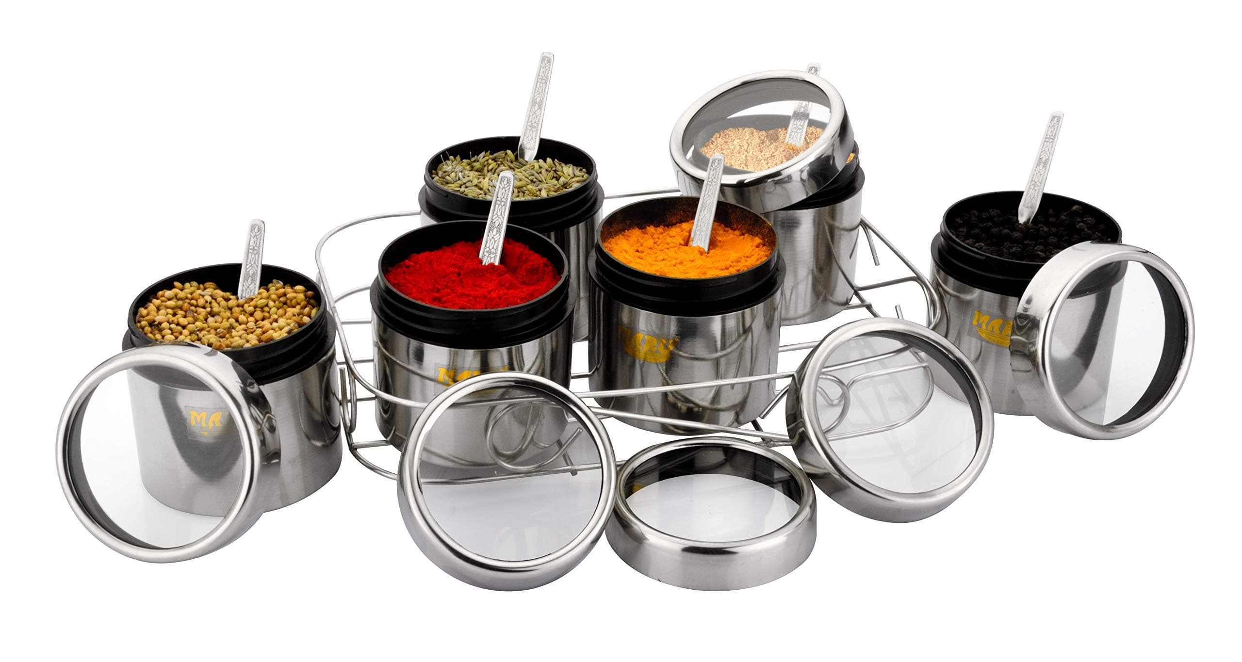MARU Stainless Steel Masala Container for Kitchen, Multipurpose Organizer with Wire Stand & 6 Spoon Set, Spice Storage box, Durable Kitchen Storage Solutions for Spices and Essentials 350ml each