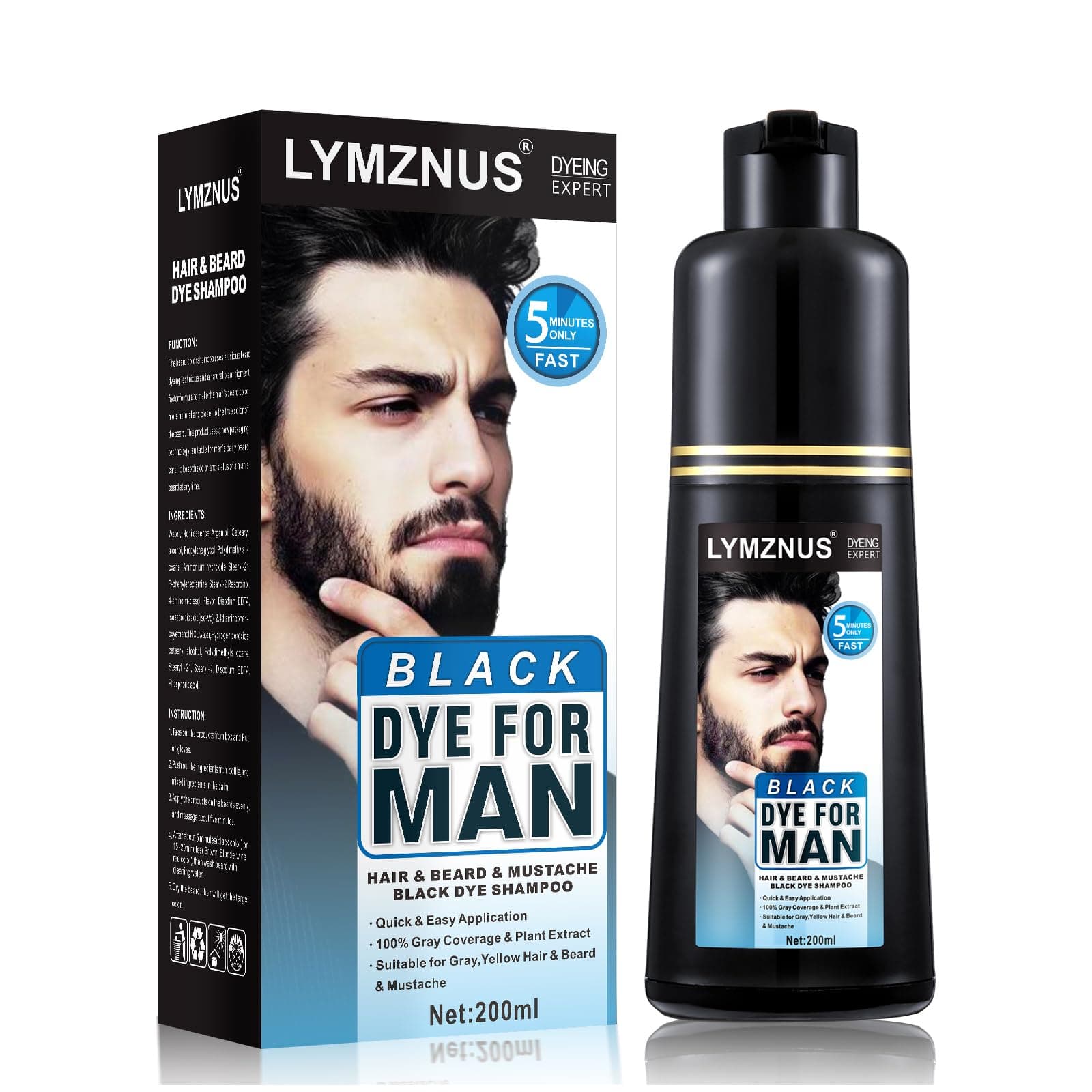Men's Mustache & Beard Dye for Gray Hair Coverage - Natural Black Color in 5 Minutes, Easy Application Shampoo for Facial Hair 200ml