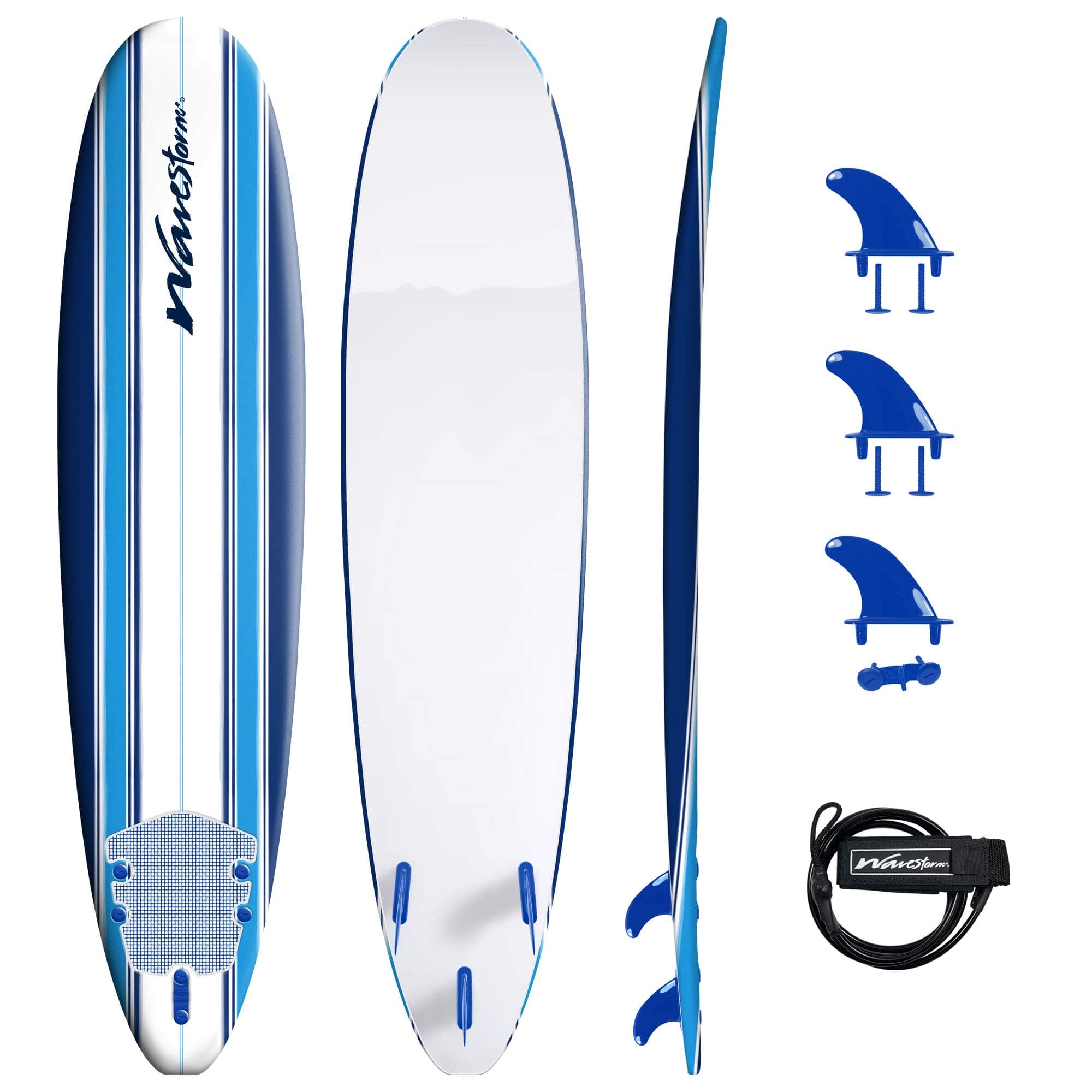 WaveStorm8ft Classic Longboard Surfboard (Blue Stripes)